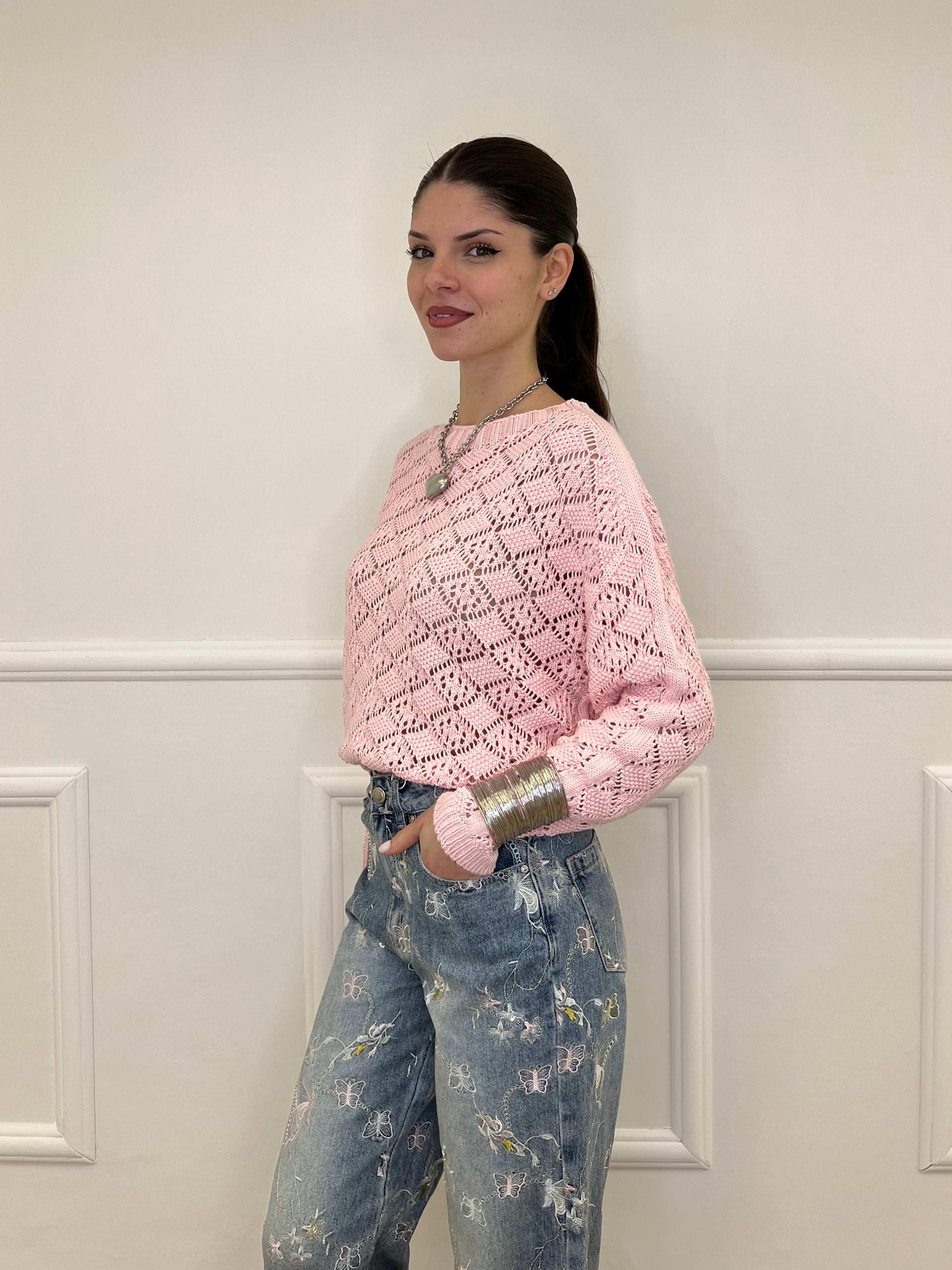 Maglia Jacquard Traforata 82618 Rosa
