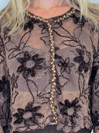 Cardigan Pizzo Ricami e Strass C282 Cioccolato