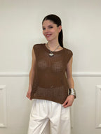 Maglia Smanicata Traforata 6972 Marrone