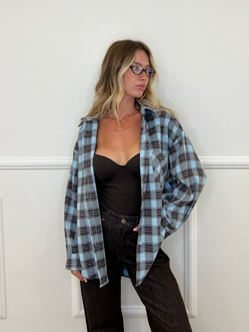 Camicia Check Strass 19108 Azzurro e Moro