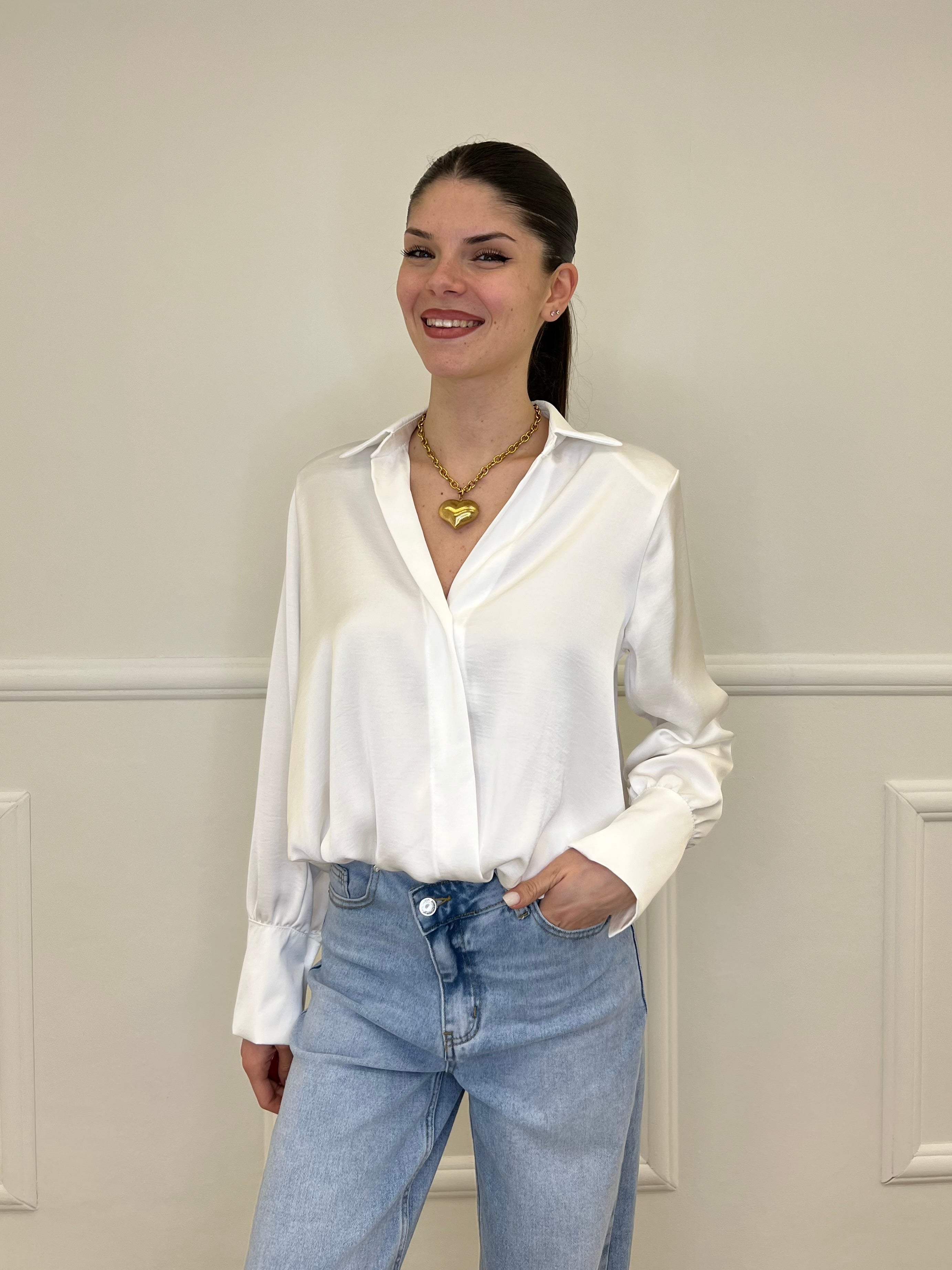 Blusa In Satin Con Spalline 10277 Bianco