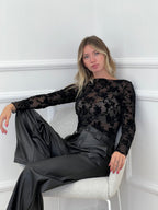 Top in Tulle con Ricamo Floreale 25855 Nero