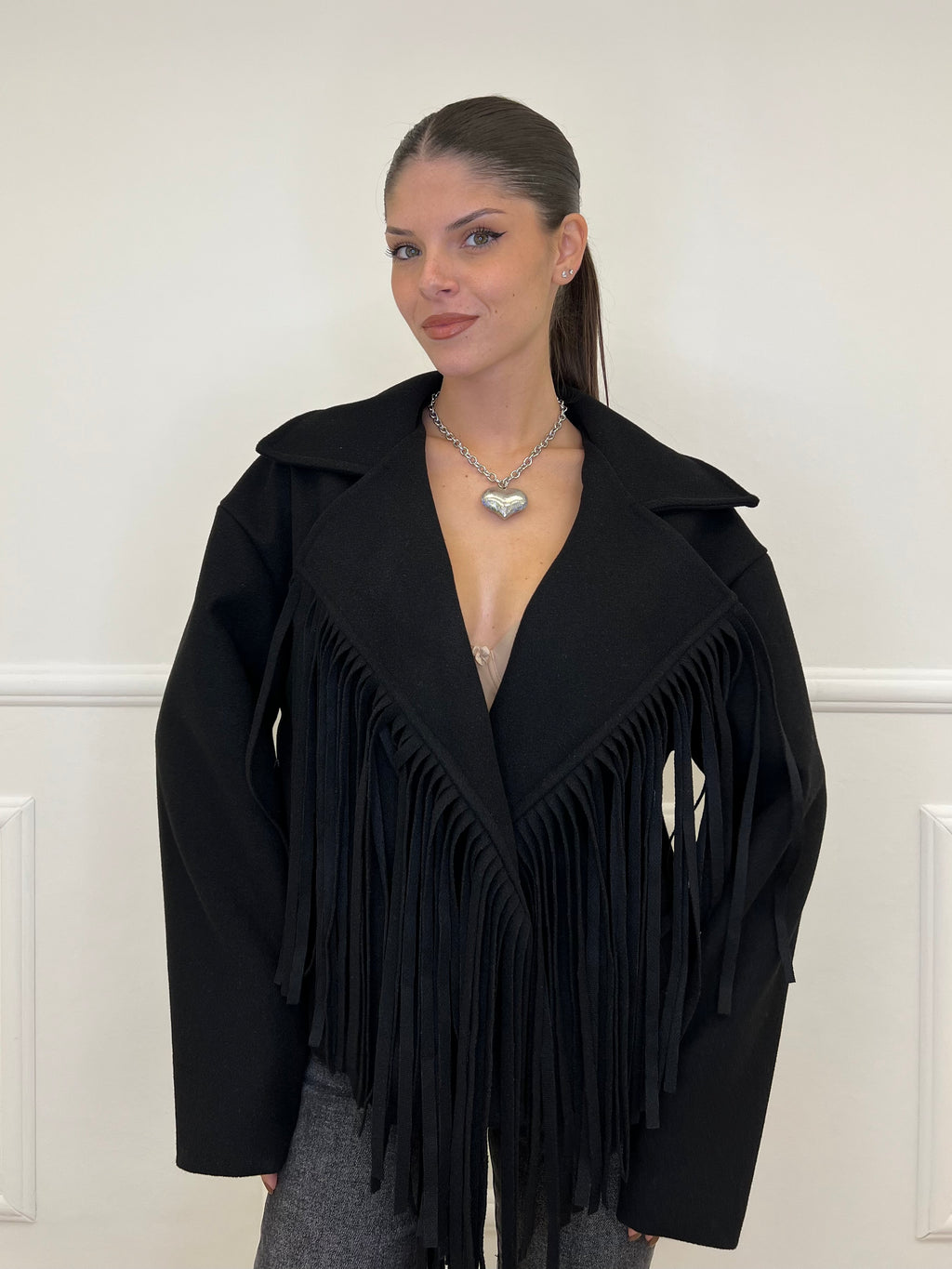 Giacca Cappotto Frange 11903 Nero