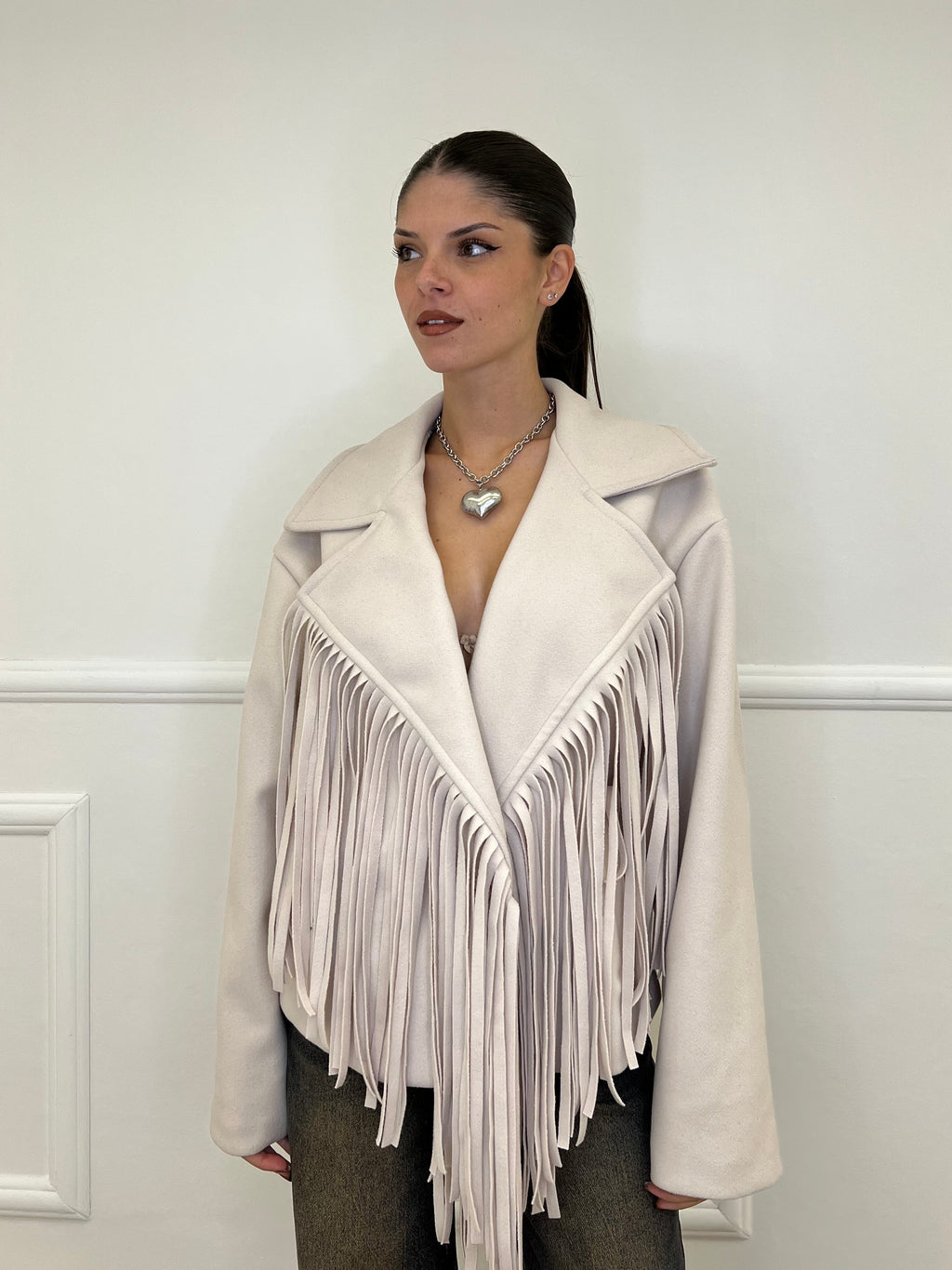 Fringed Coat Jacket 11903 Cream