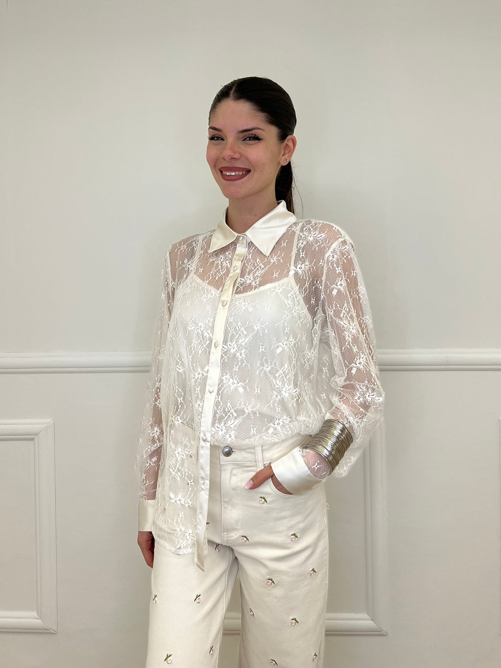 Twin Set Camicia in Pizzo e Top Y7097 Ecru