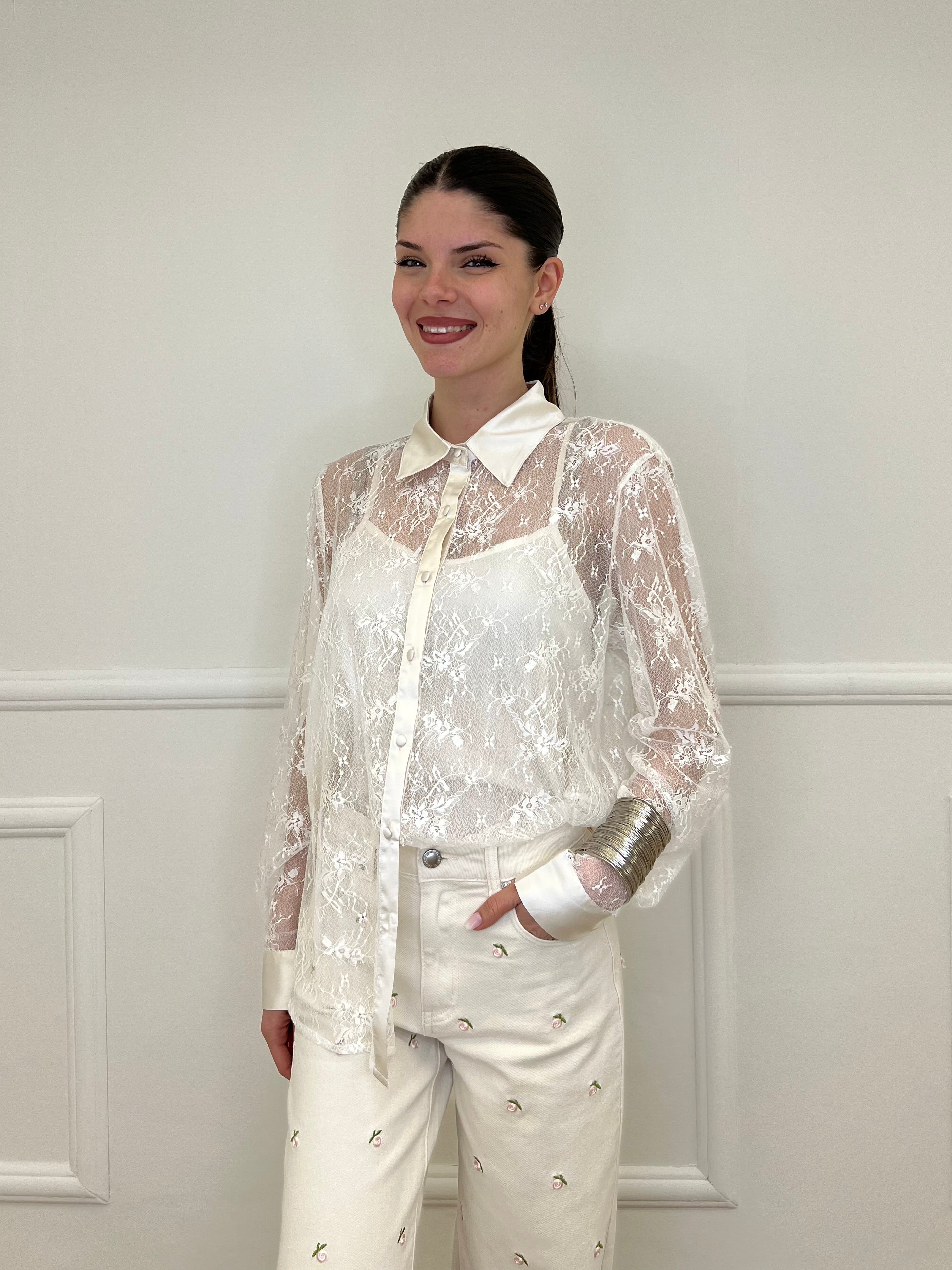 Twin Set Camicia in Pizzo e Top Y7097 Ecru