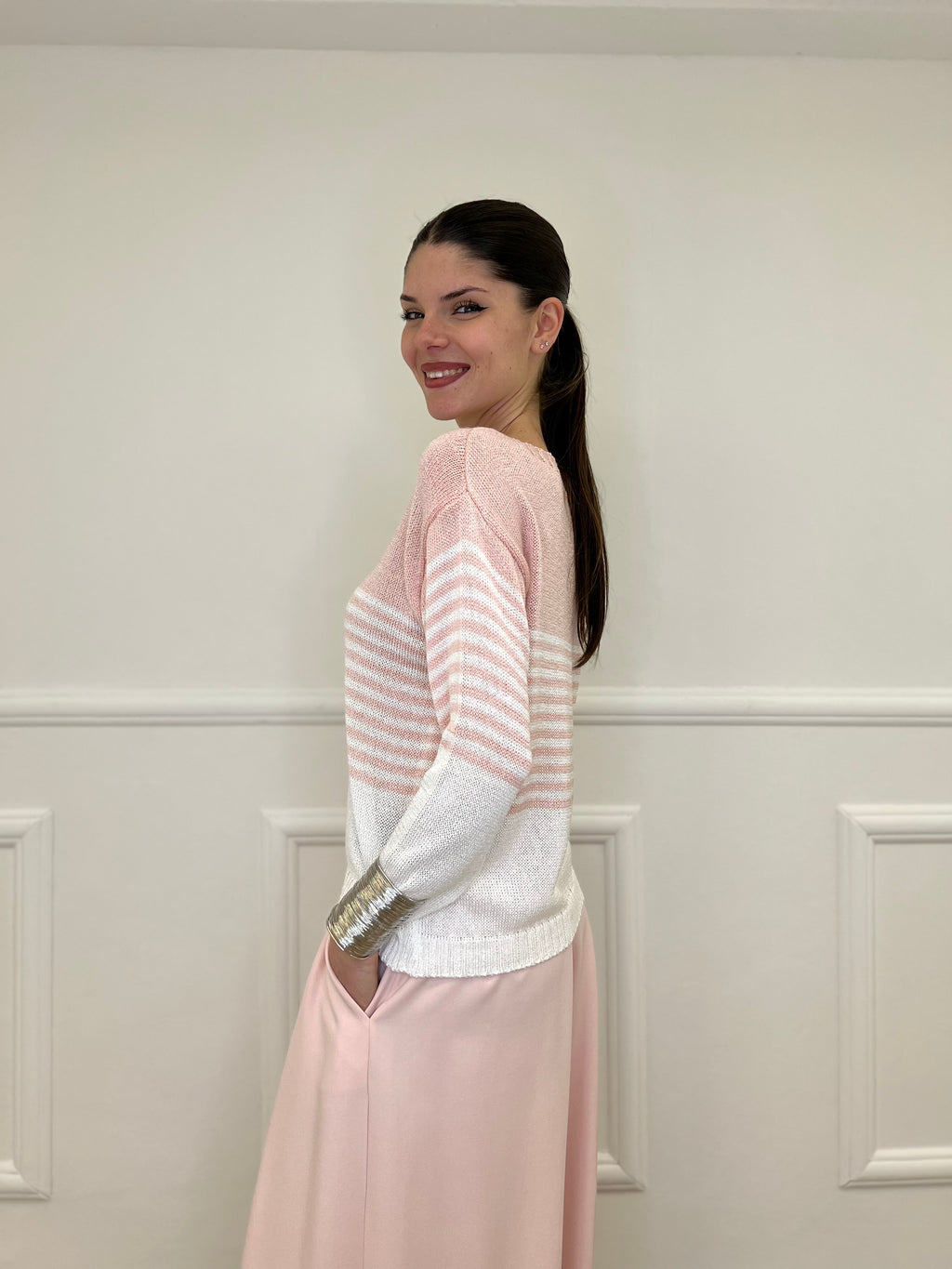 Maglia a Righe Bicolore 26001 Rosa e Bianco