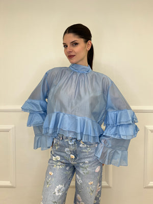 Blusa in Tencel a Balze 6108 Azzurro