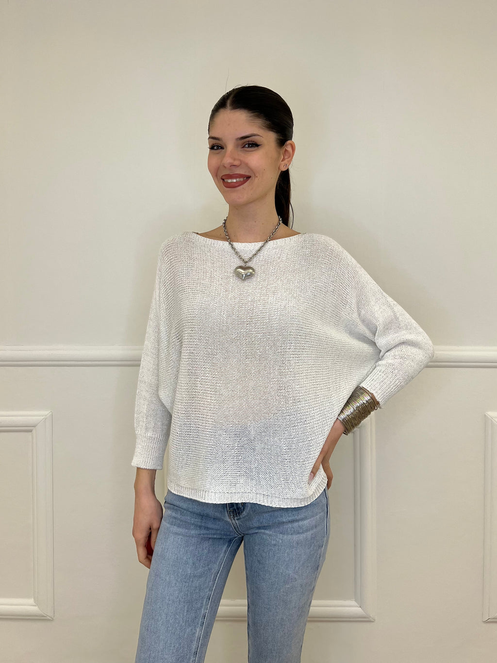 Maglia Lurex Scollo Goccia 645 Bianco