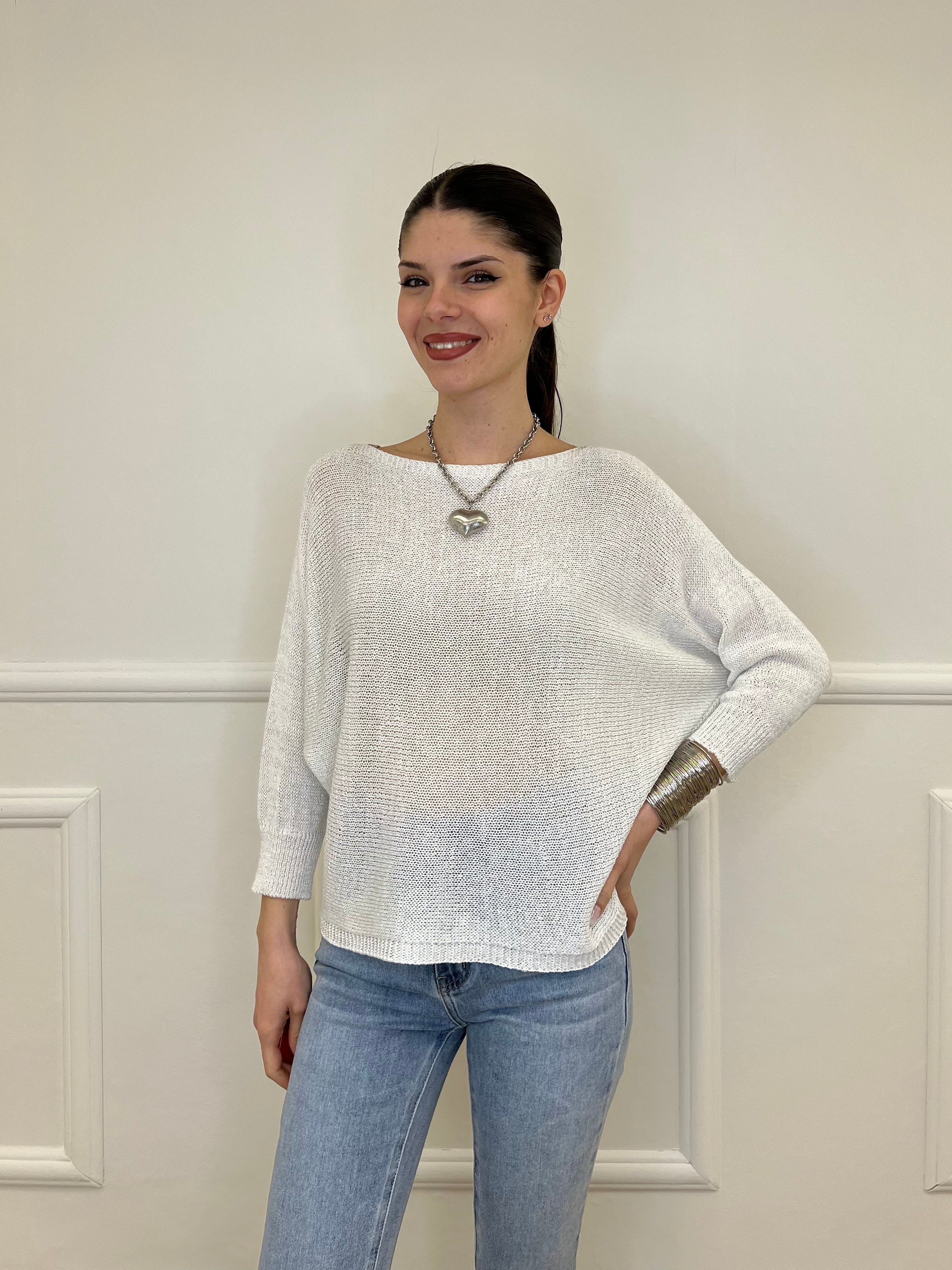 Maglia Lurex Scollo Goccia 645 Bianco