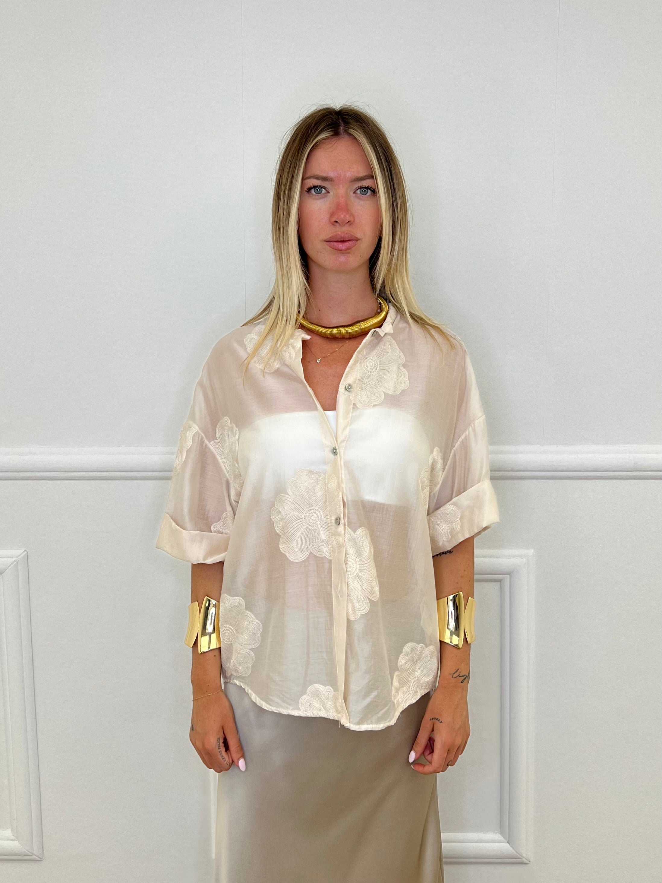 Camicia In Tencel Con Ricami 93-767 Burro