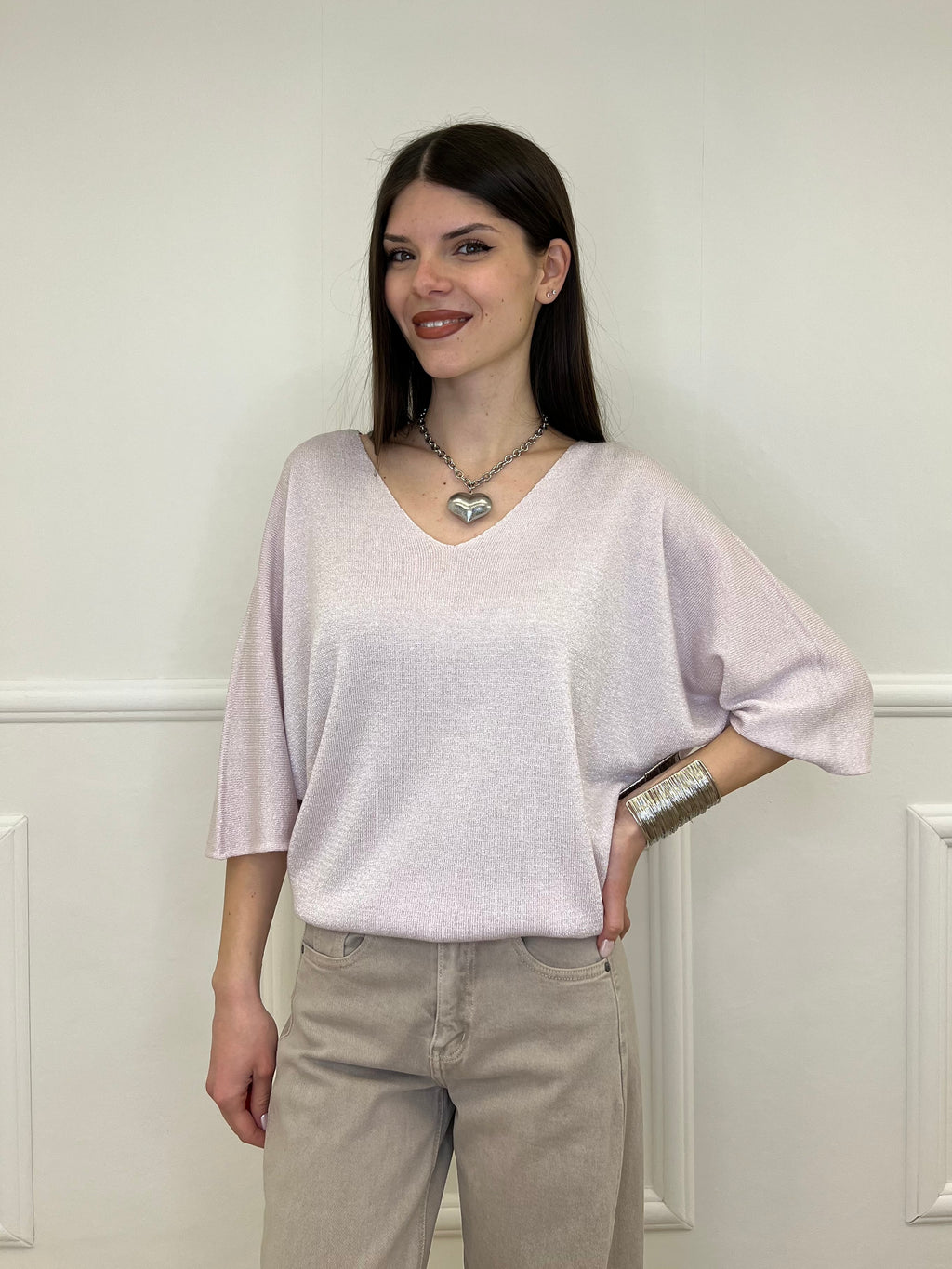 Maglia Lurex Scollo V 9081 Rosa