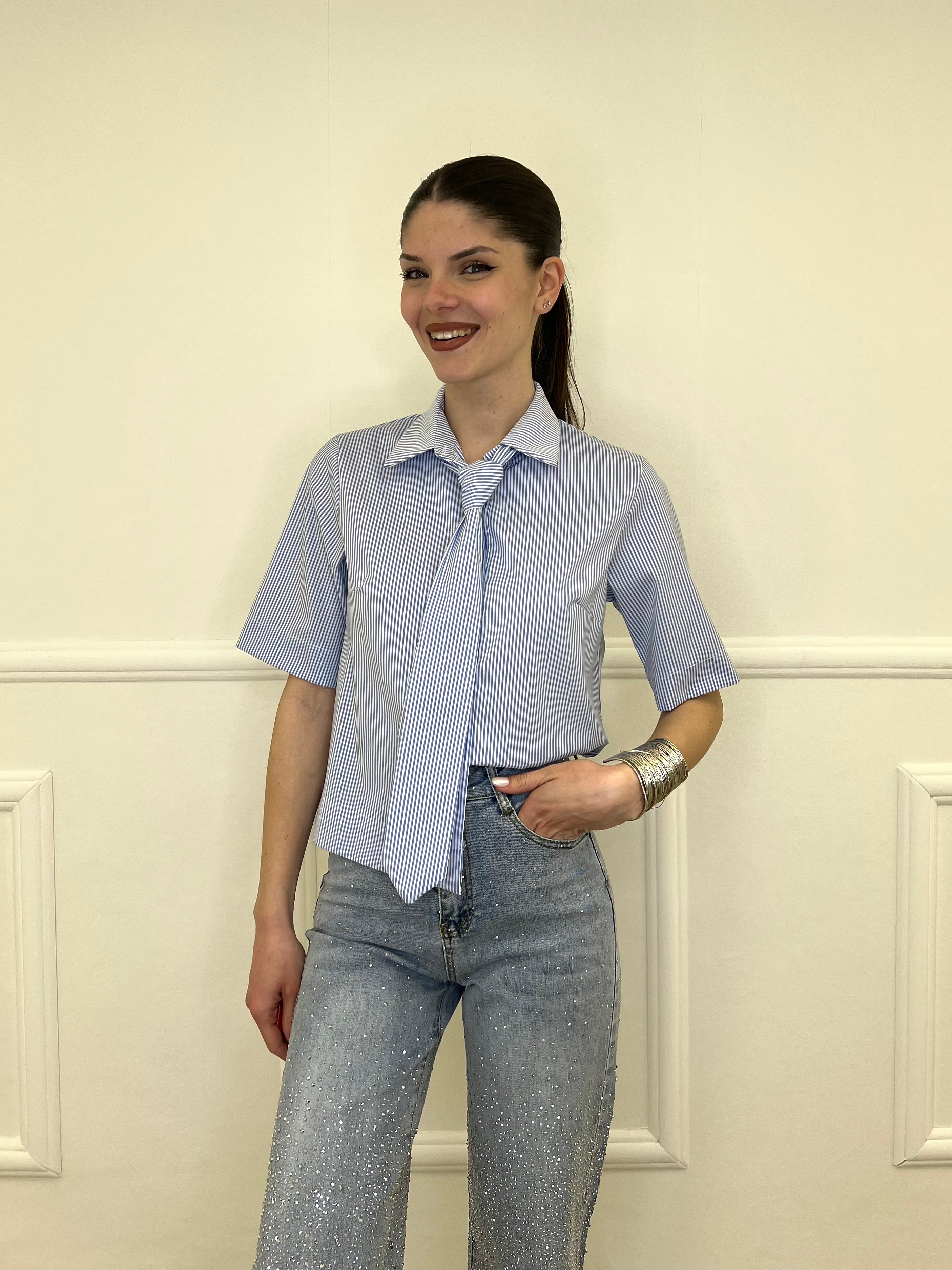 Camicia Righe Con Cravatta 12272 Azzurro