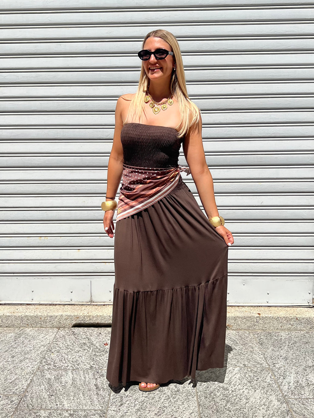 Abito Fascia Jersey Con Foulard 22556 Marrone