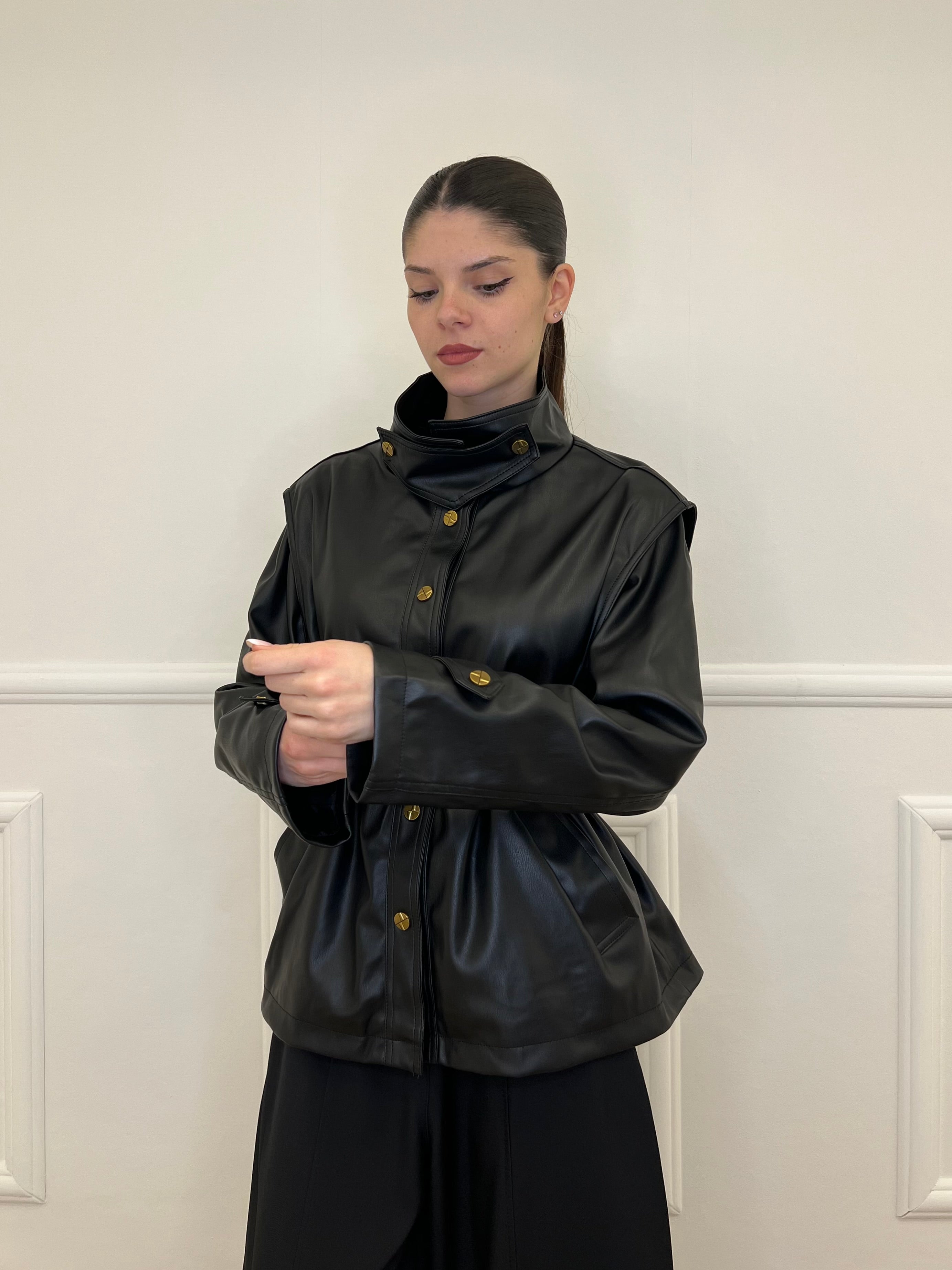 Giacca Over Eco Pelle Cintura 30197 Nero