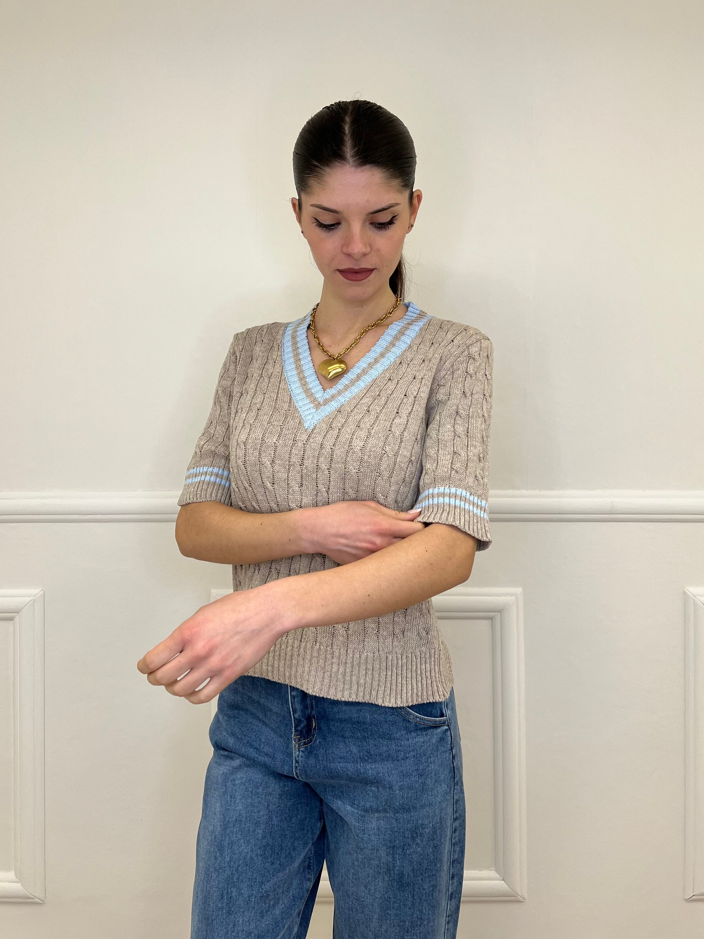 Maglia Trecce Profili a Contrasto 9467 Taupe e Azzurro