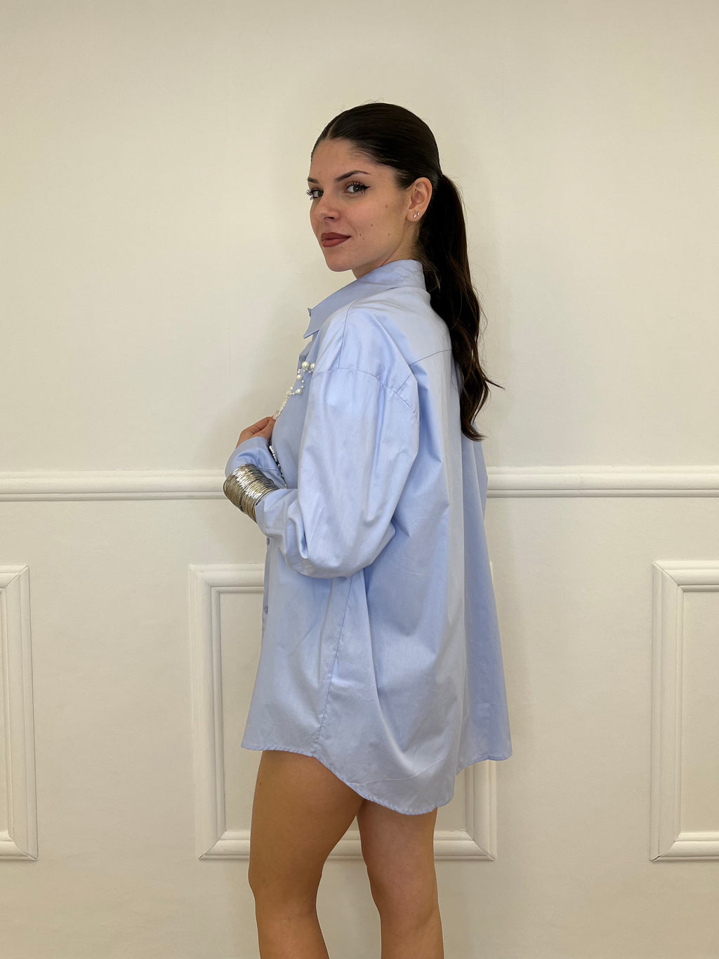 Maxi Camicia con Perle K880 Azzurro