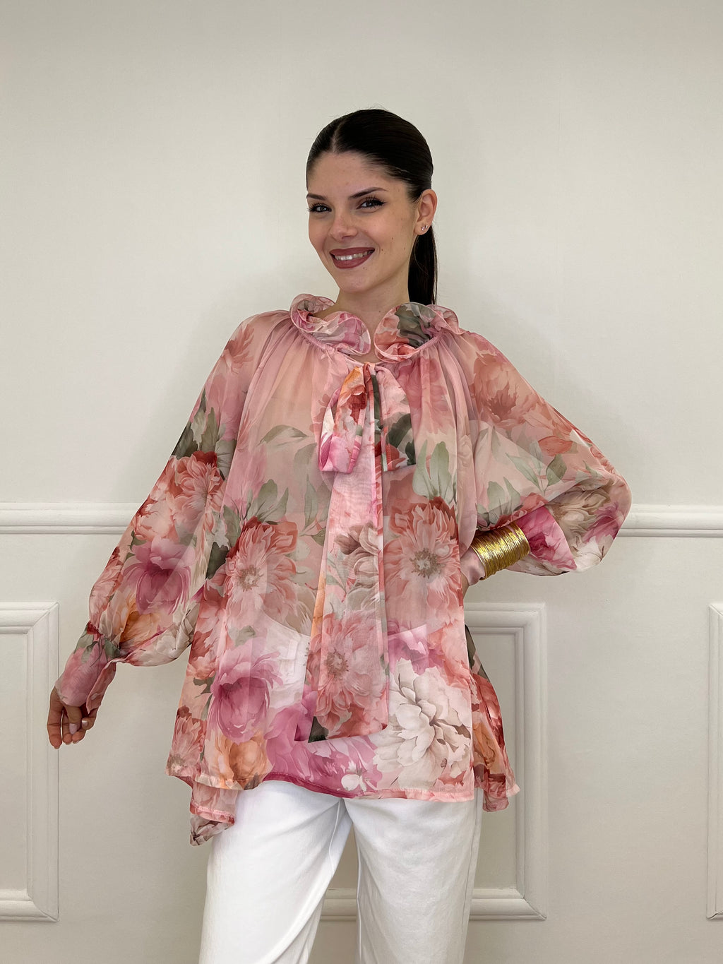 Blusa Voile Fiori Con Fiocco 4284 Rosa