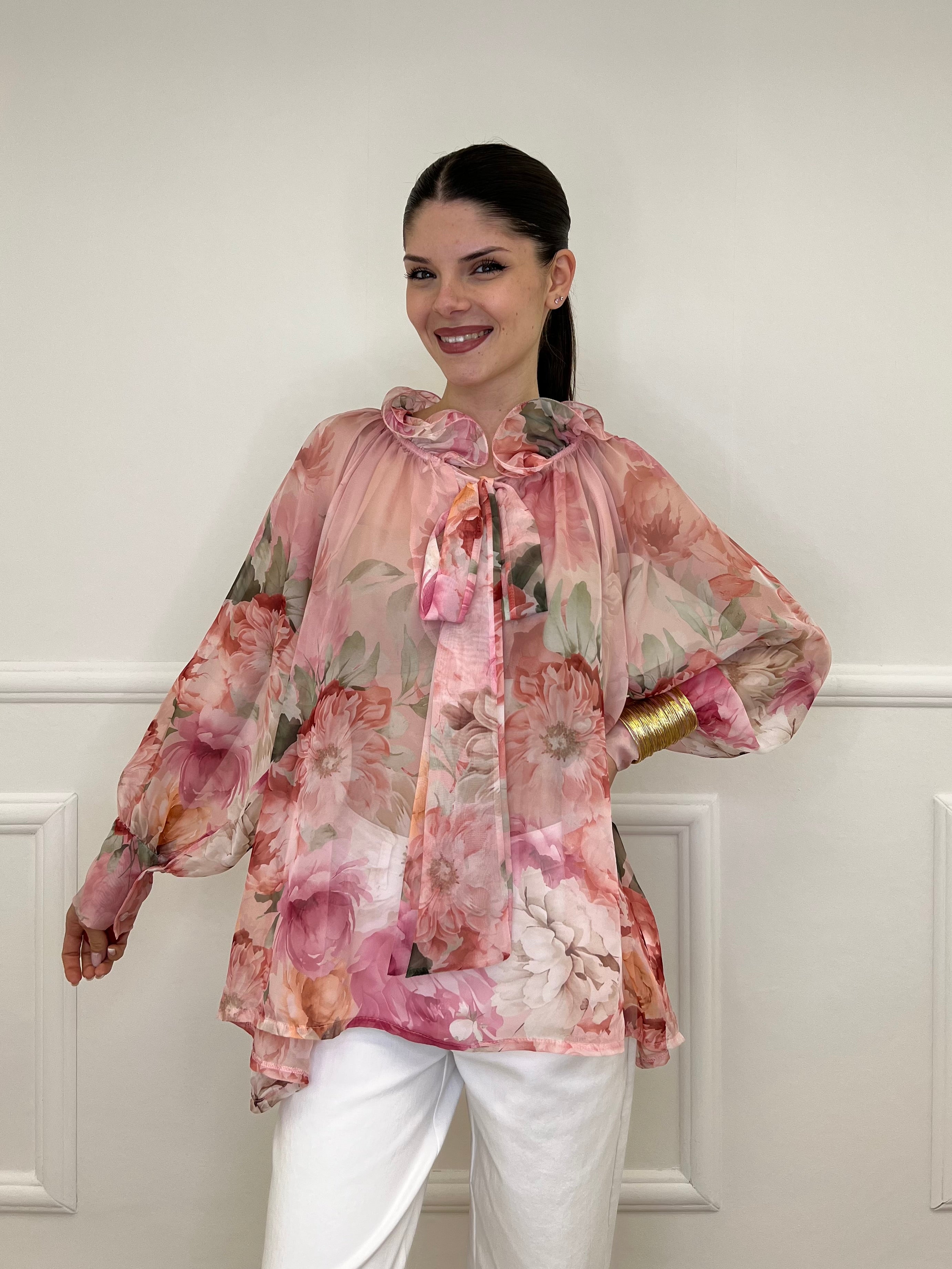 Blusa Voile Fiori Con Fiocco 4284 Rosa