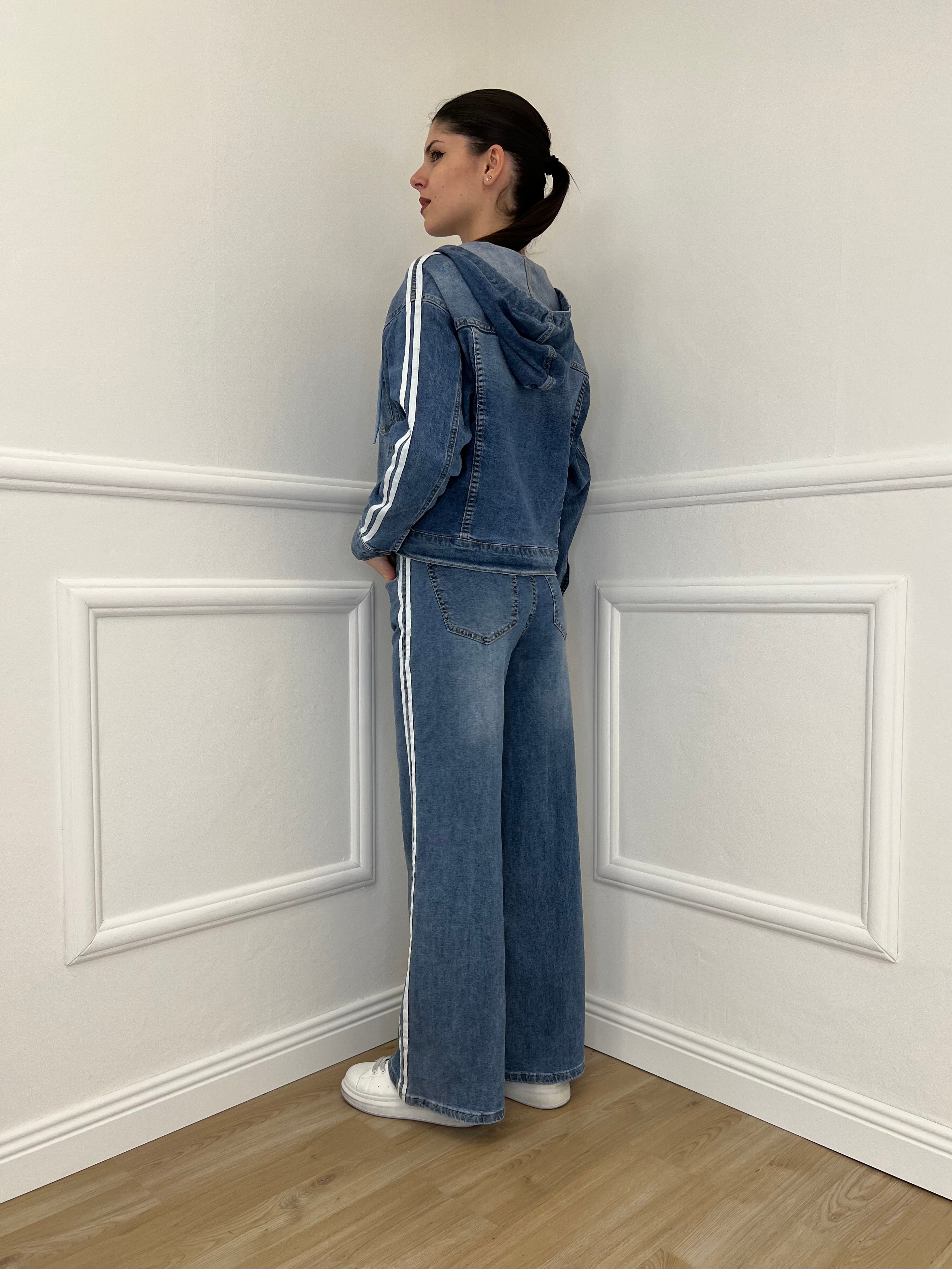 Giacca Denim Bande e Cappuccio J997 Azzurro