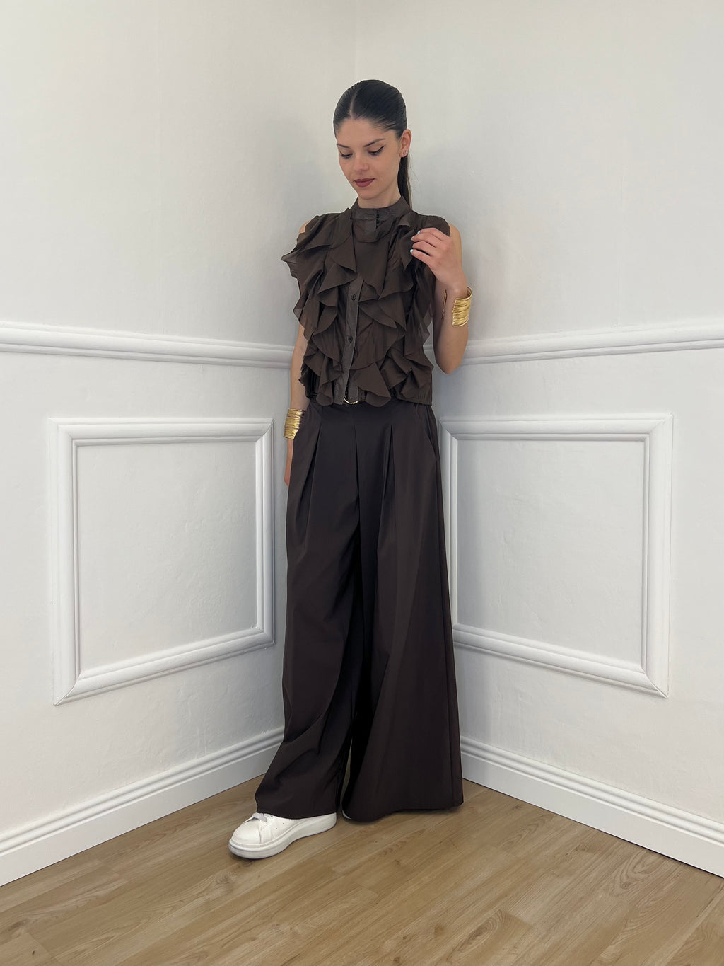 Camicia Smanicata Con Rouches 220-672 Marrone