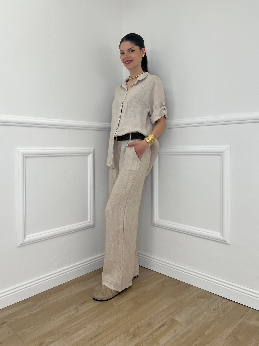 Pantalone Lino Cintura 22525 Beige