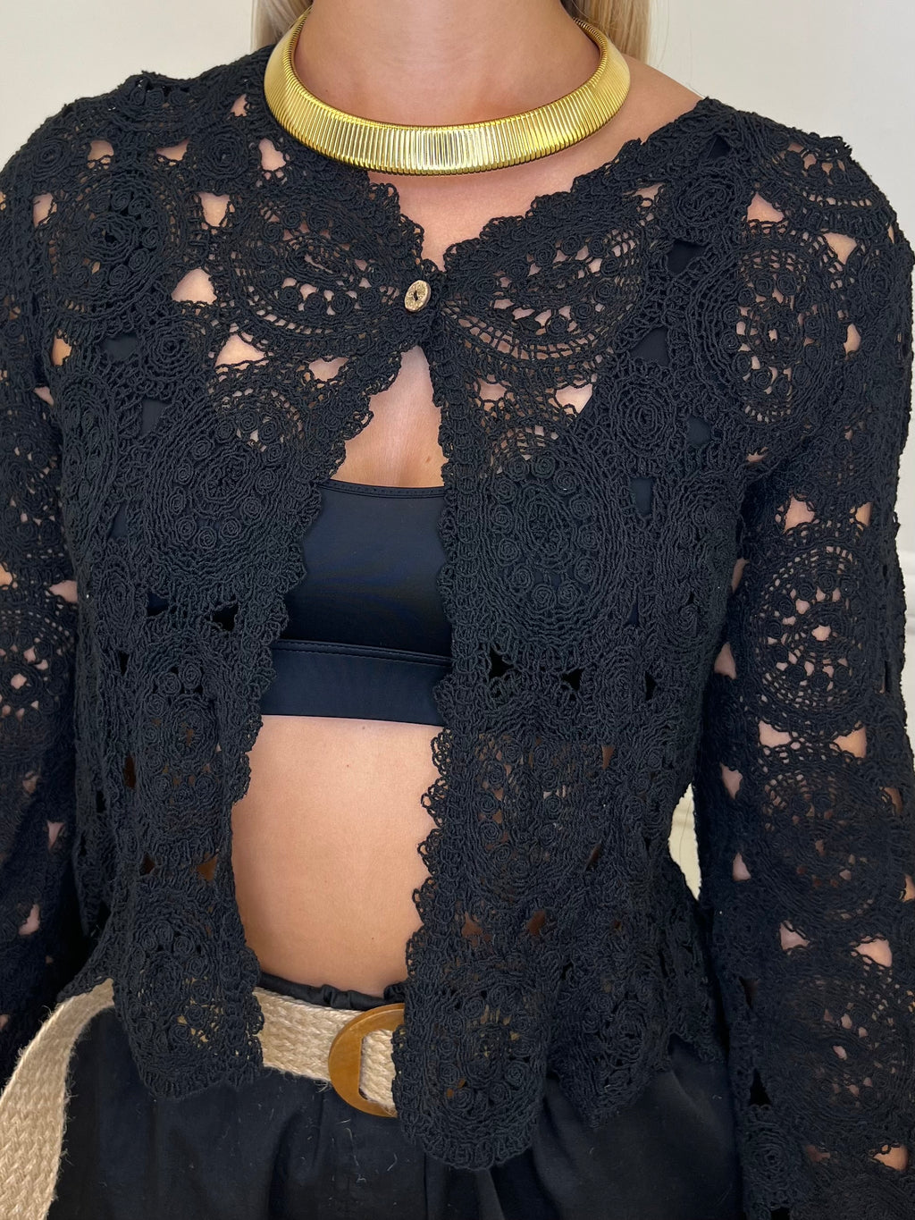 Cardigan Crop Crochet C226 Nero