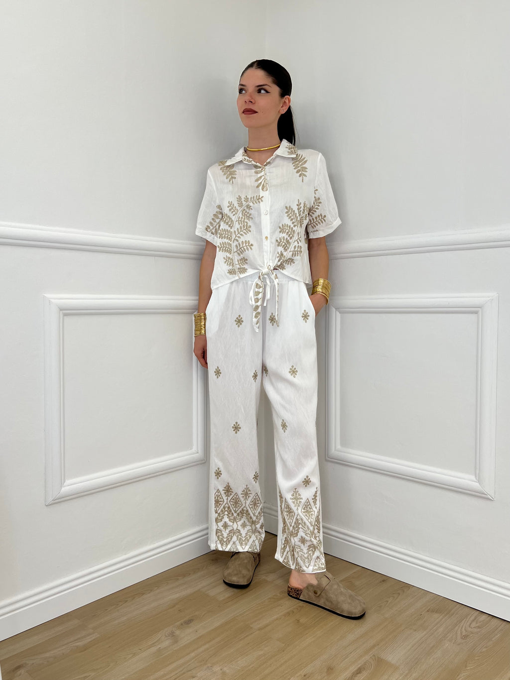 Pantalone Ricami Lurex Z18127 Bianco