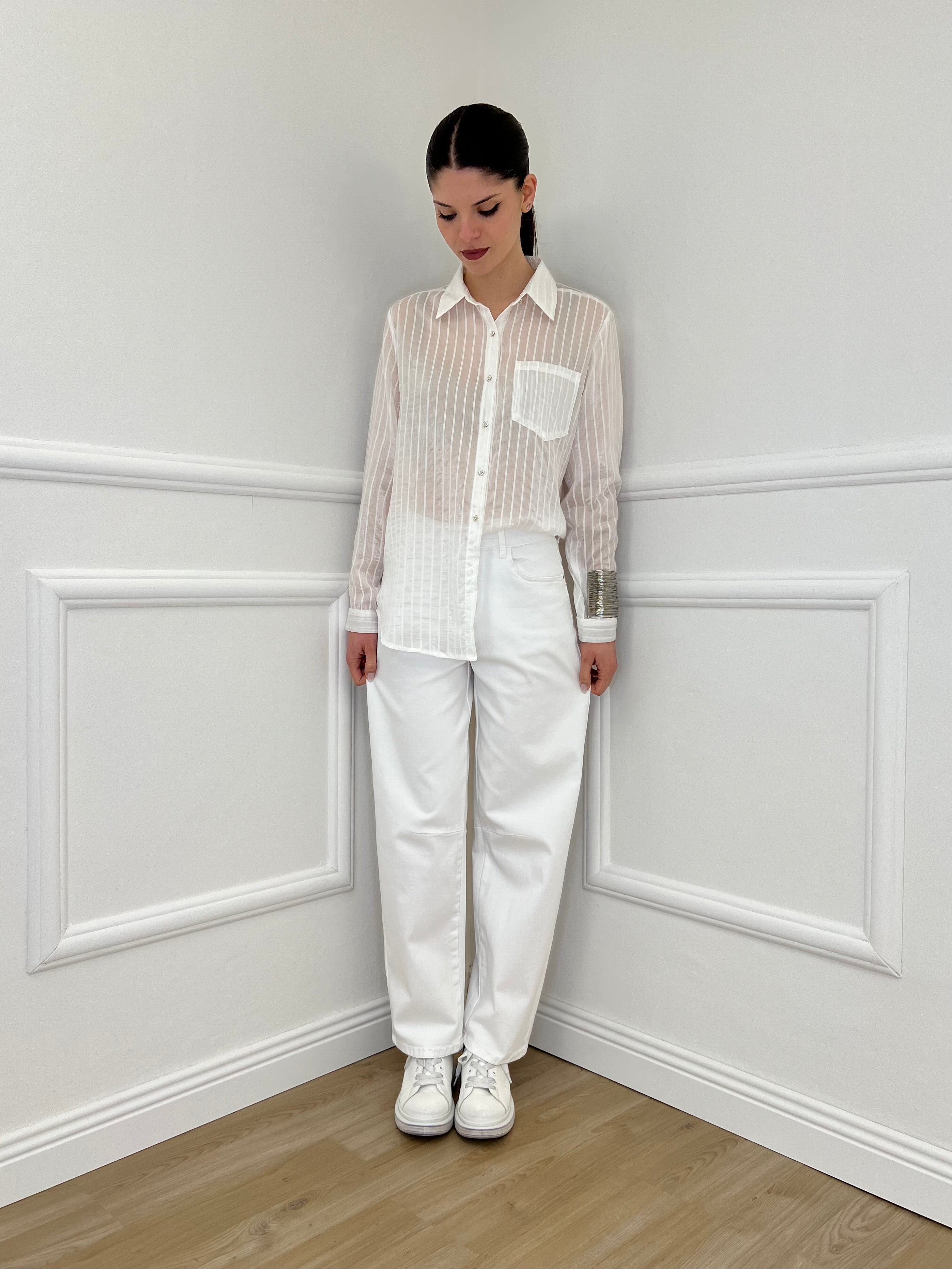 Camicia Tencel Spalmata a Righe 25802 Bianco