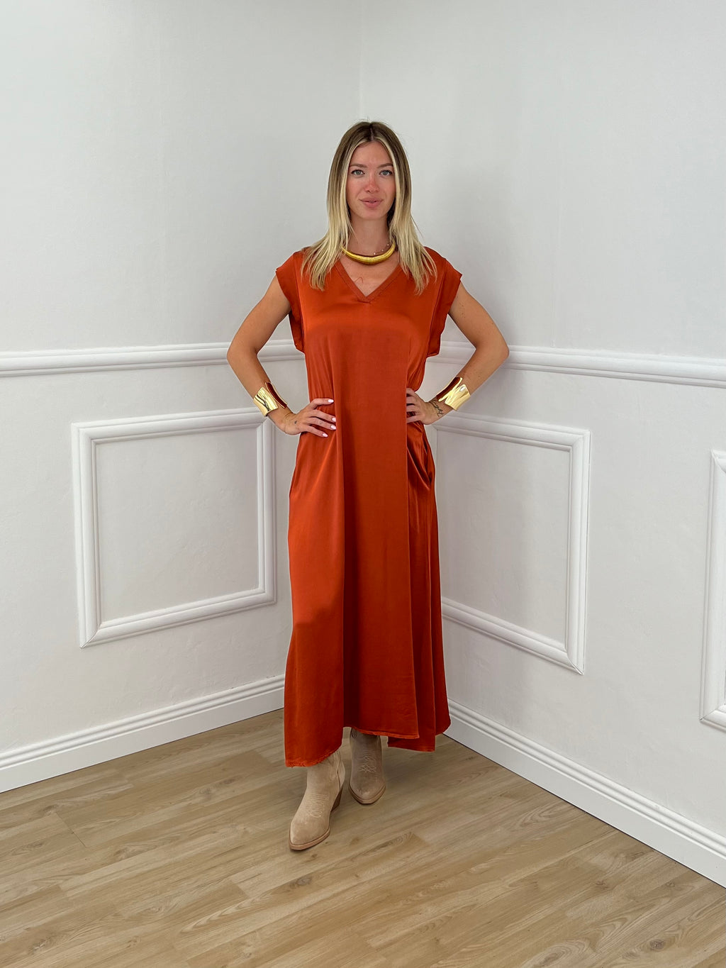 Vestito In Raso di Viscosa A00850 Rame
