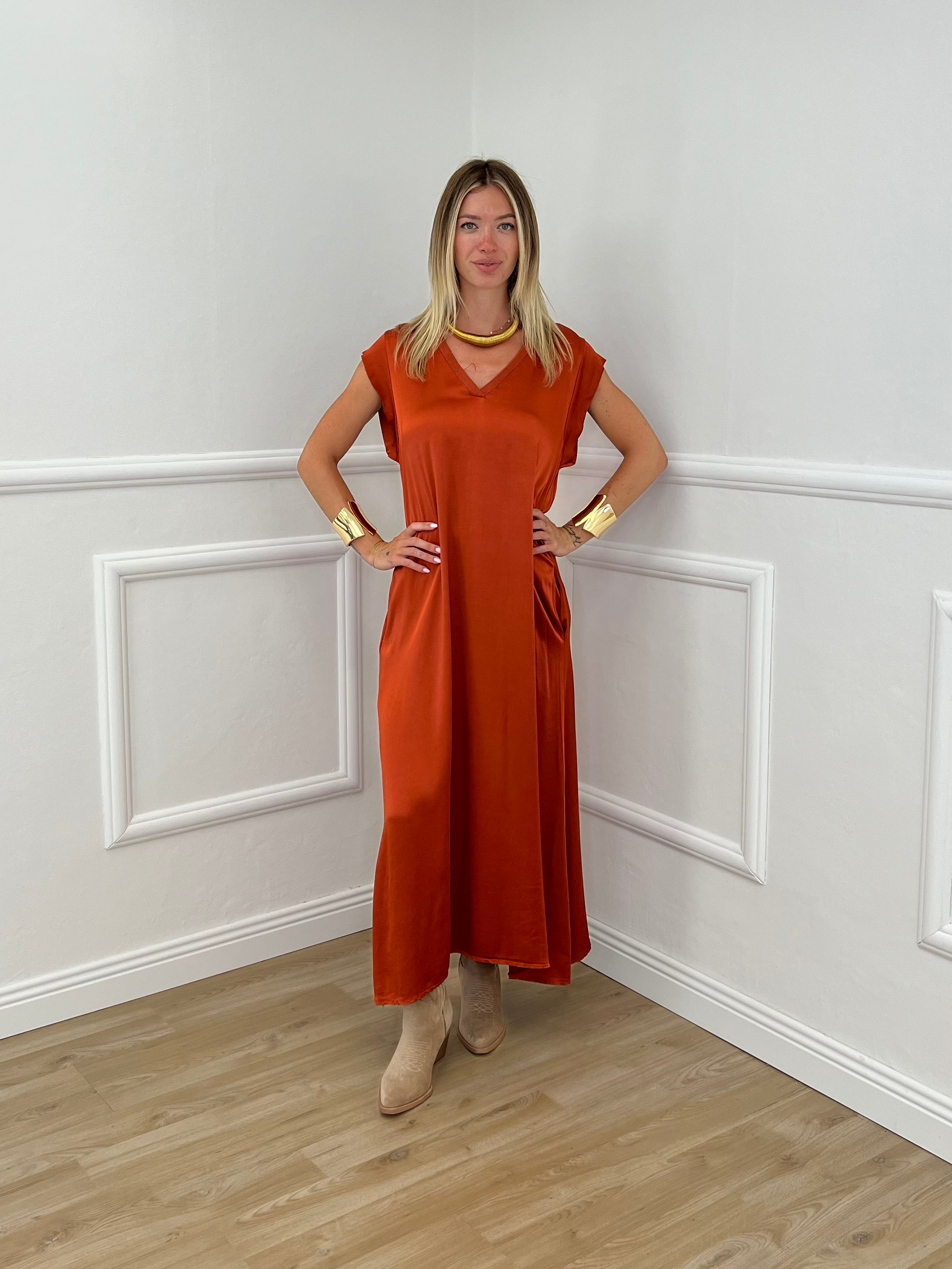 Vestito In Raso di Viscosa A00850 Rame