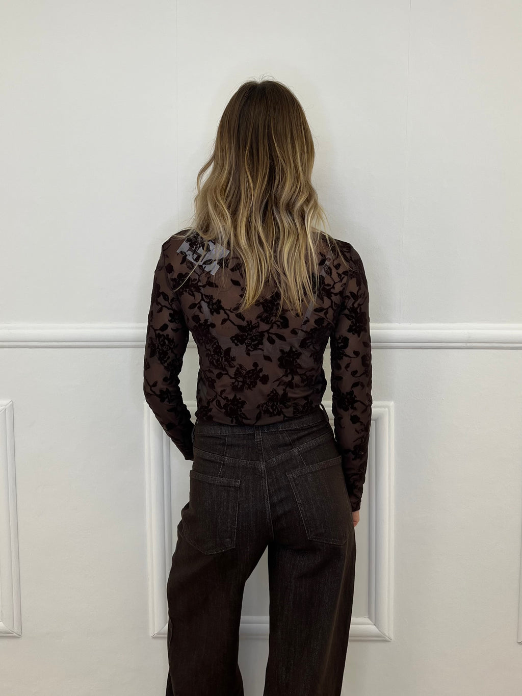 Top in Tulle con Ricamo Floreale 25855 Marrone