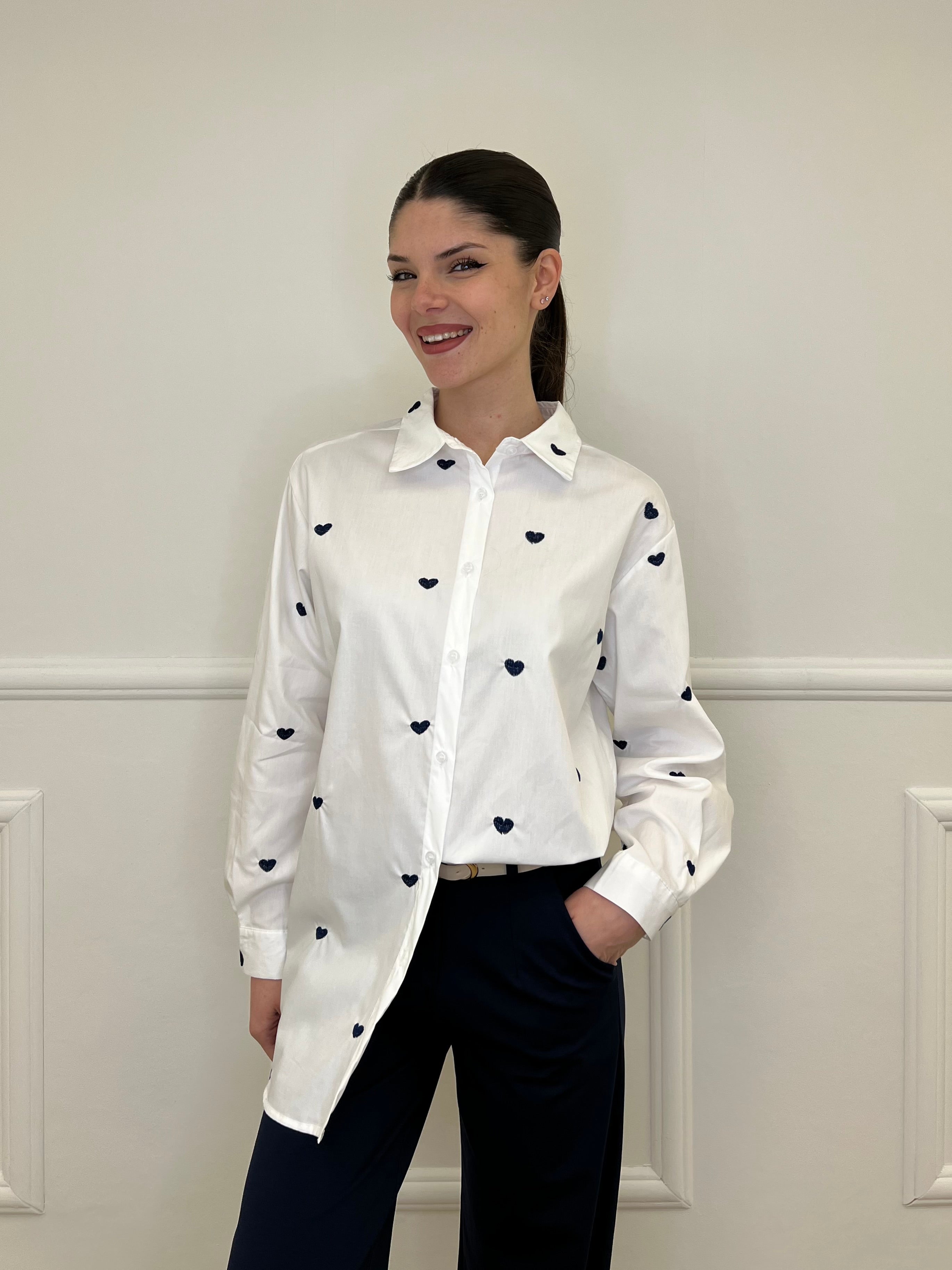 Camicia Cuori Tinta Unita HQ045 Bianco e Blu