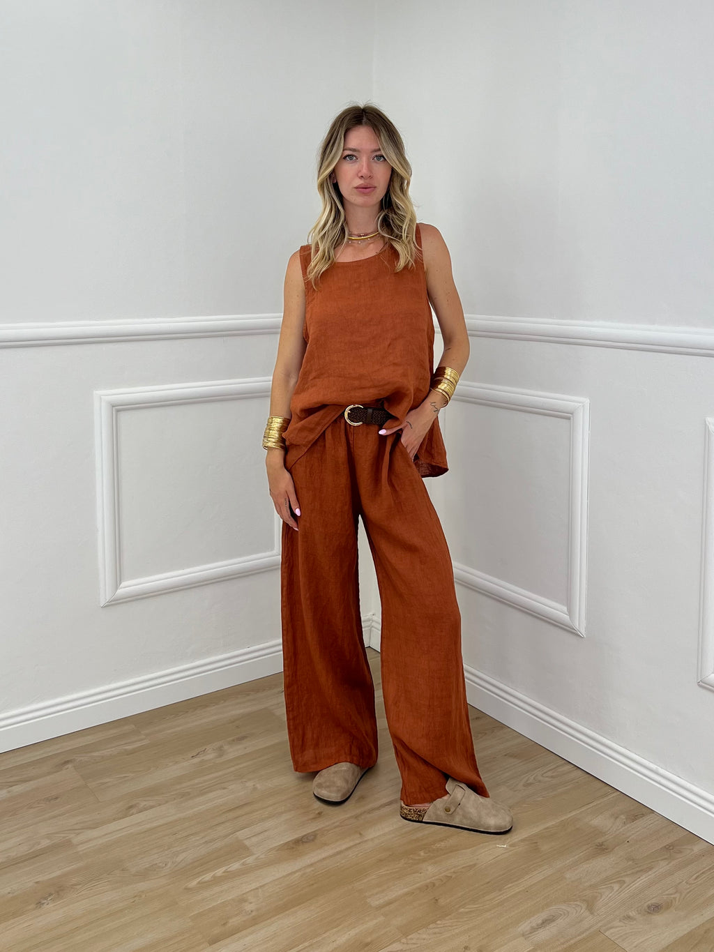Pantalone Lino Cintura 02630 Mattone