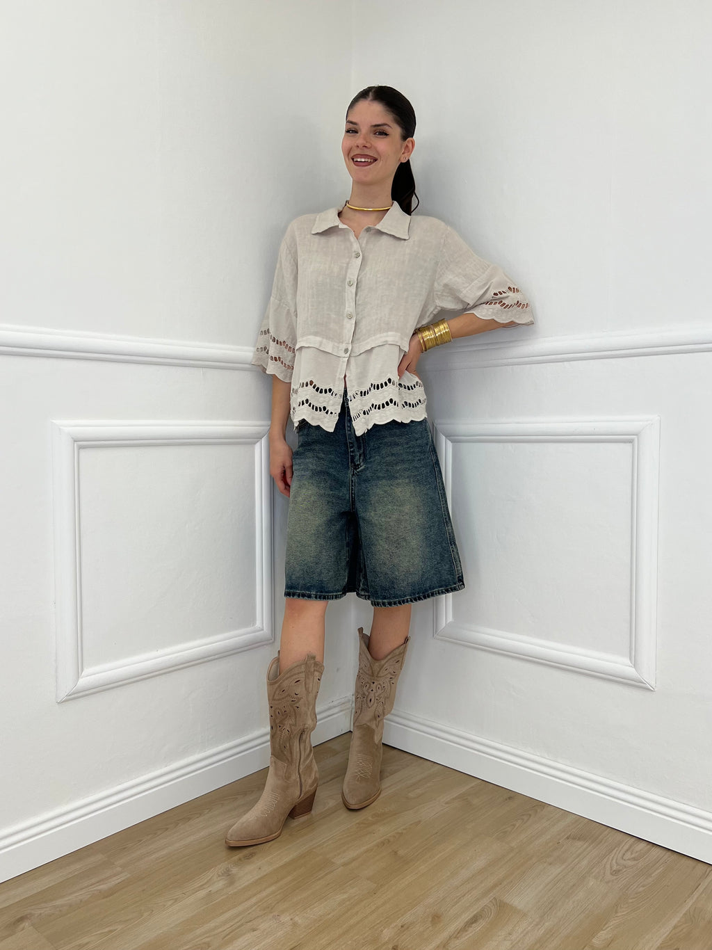 Camicia Lino Maniche Sangallo 1788 Beige