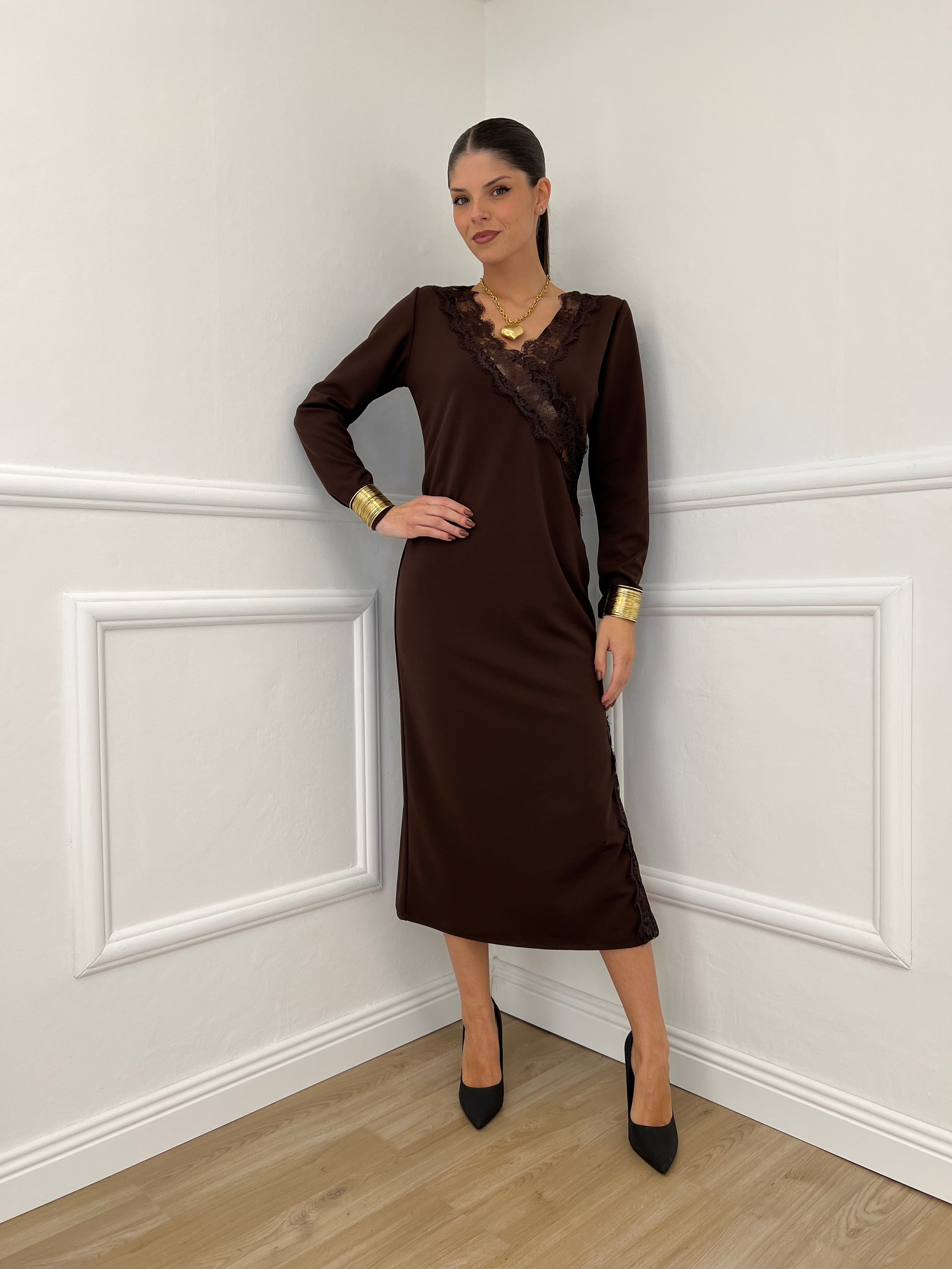 Abito Crepe Pizzo 55743 Marrone