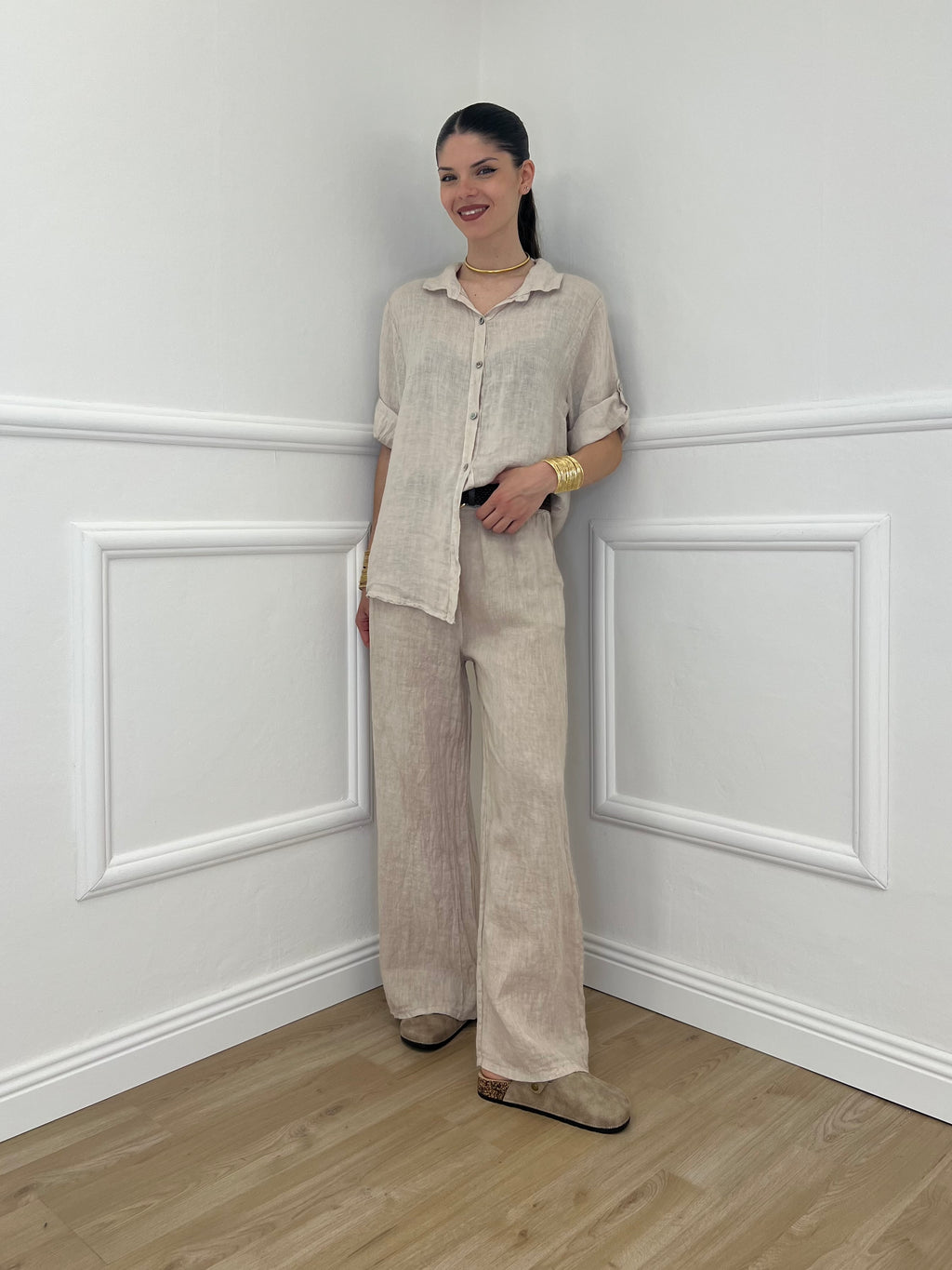Pantalone Lino Cintura 22525 Beige