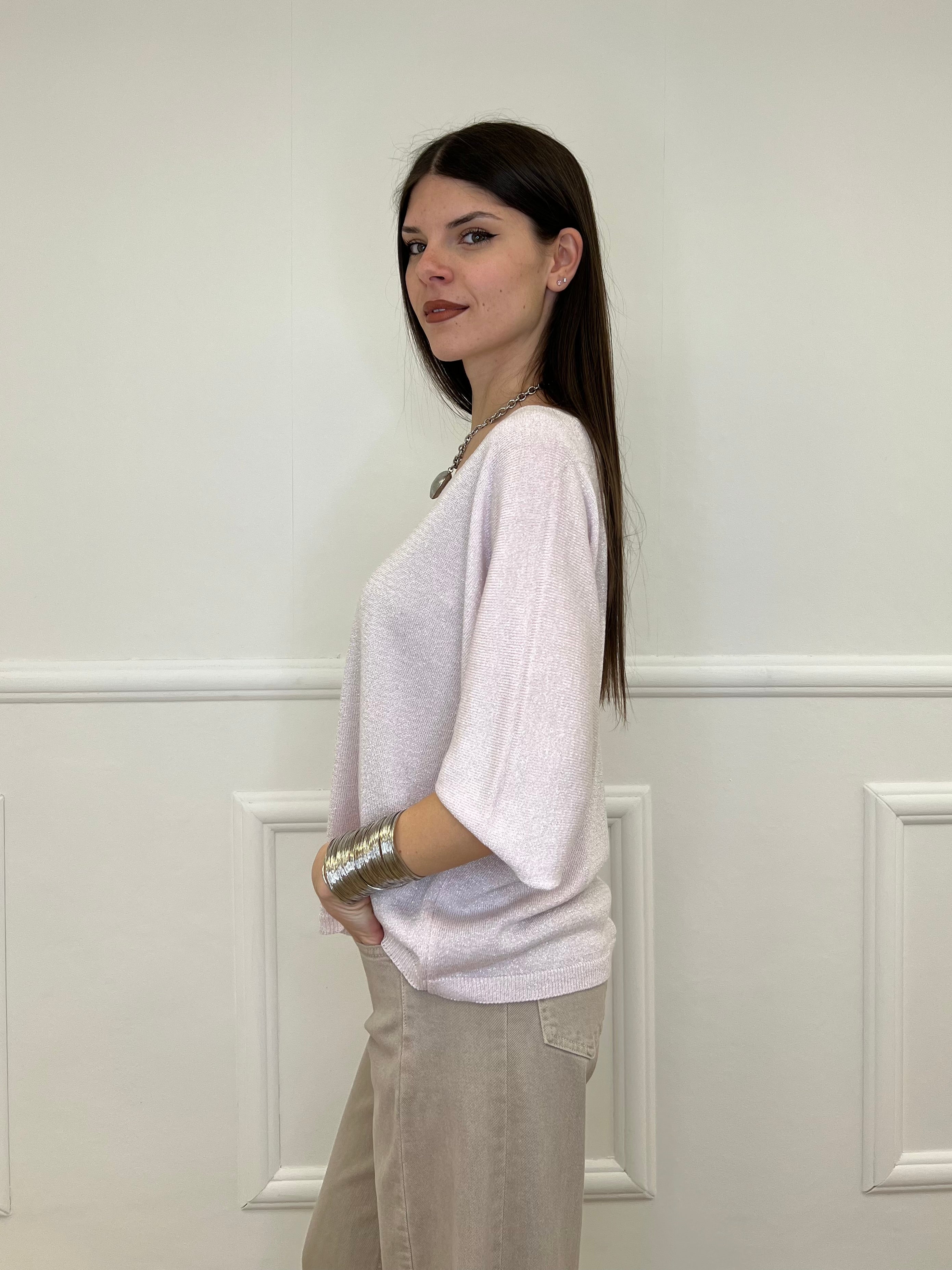 Maglia Lurex Scollo V 9081 Rosa