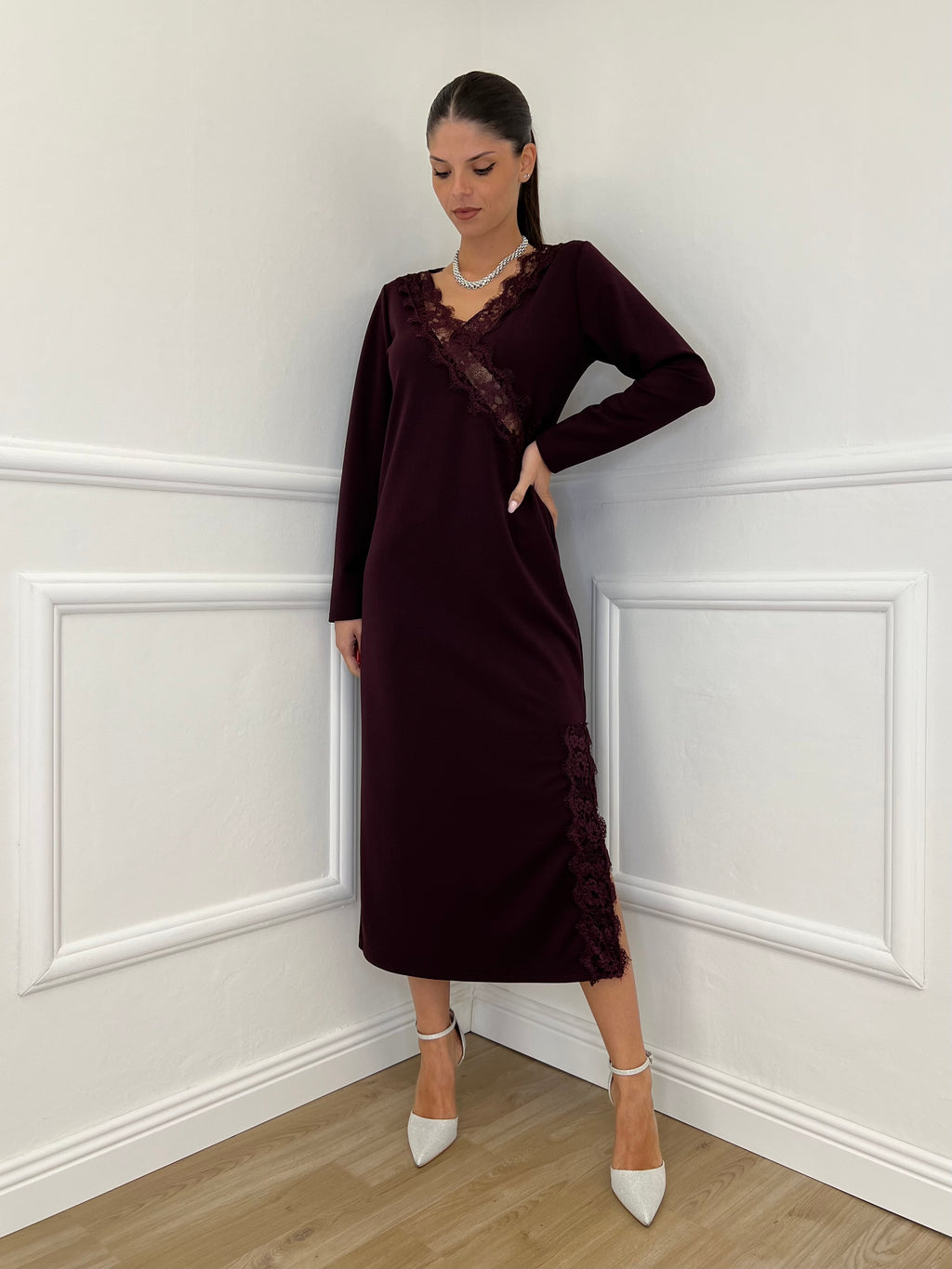 Abito Crepe Pizzo 55743 Burgundy