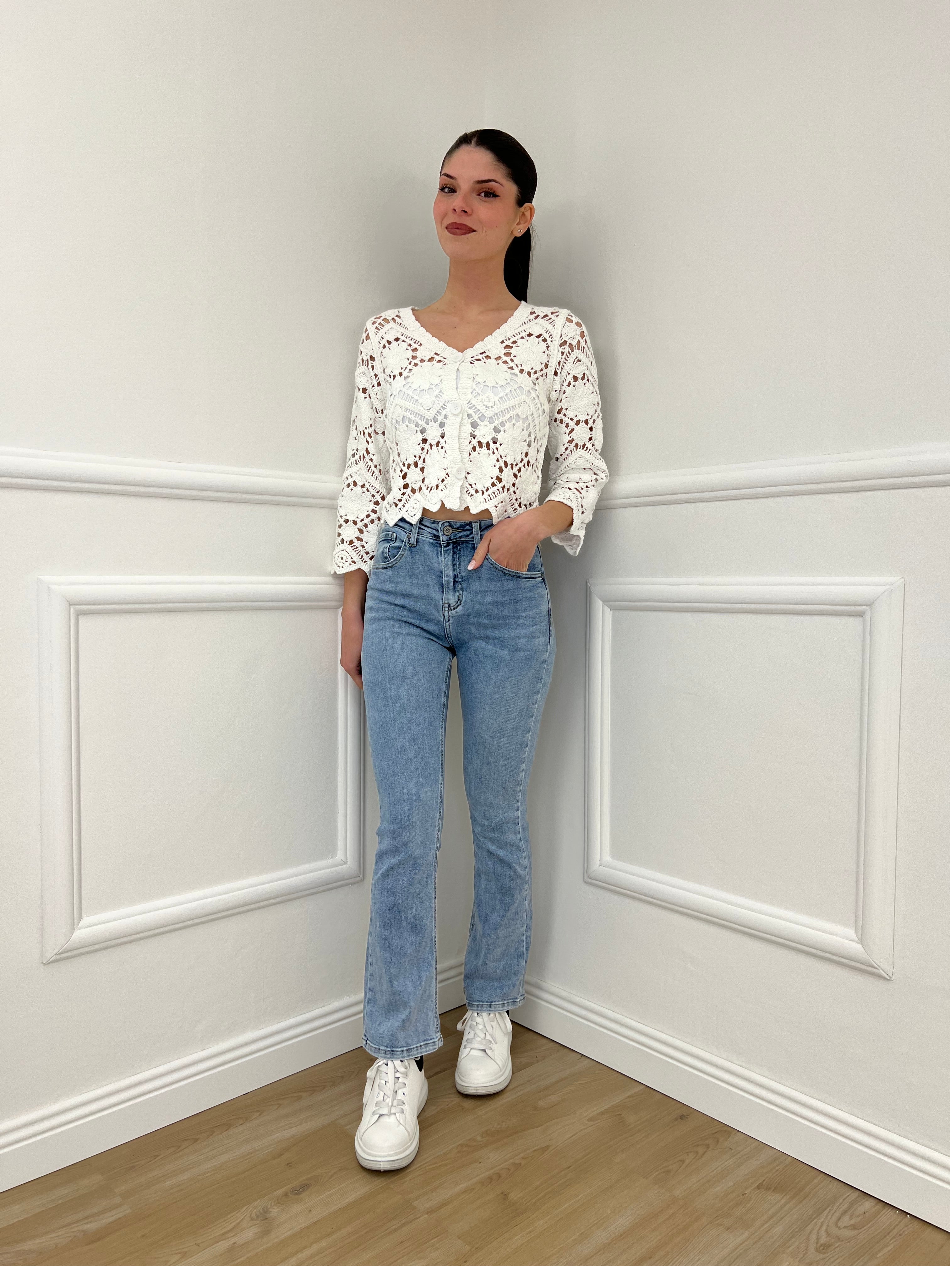 Cardigan Crop Crochet 38018 Bianco - Bazar Abbigliamento