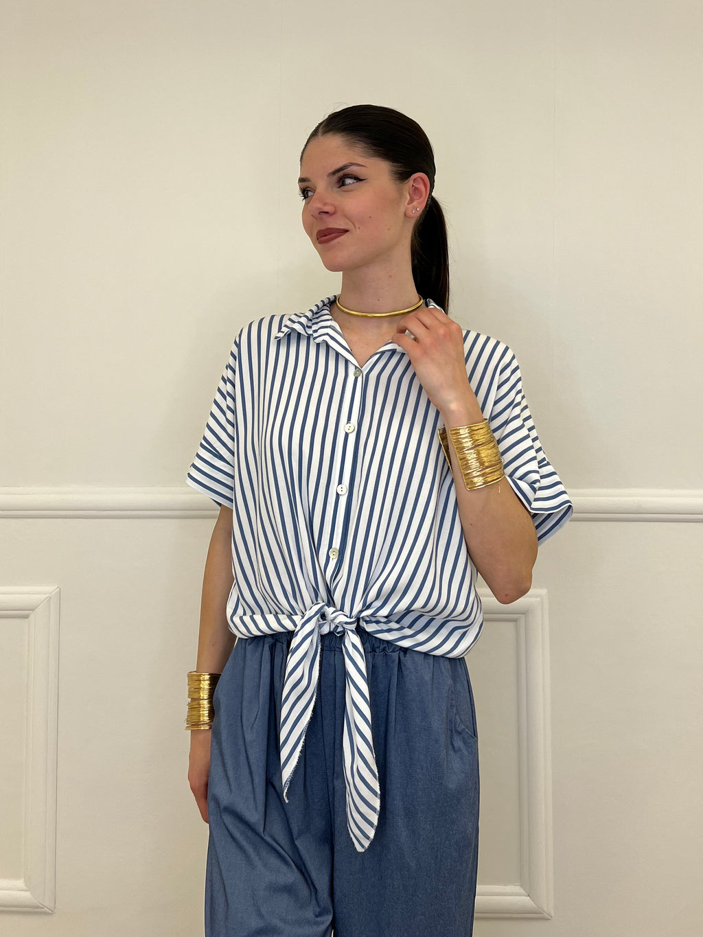 Camicia Righe Nodo Viscosa 2351 Avio