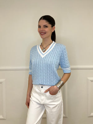 Maglia Trecce Profili a Contrasto 9467 Azzurro e Bianco