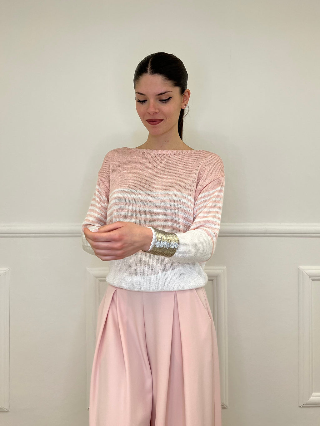 Maglia a Righe Bicolore 26001 Rosa e Bianco