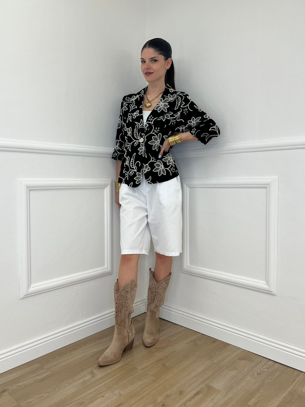 Blazer Ricamato in Lino e Viscosa 11353 Nero