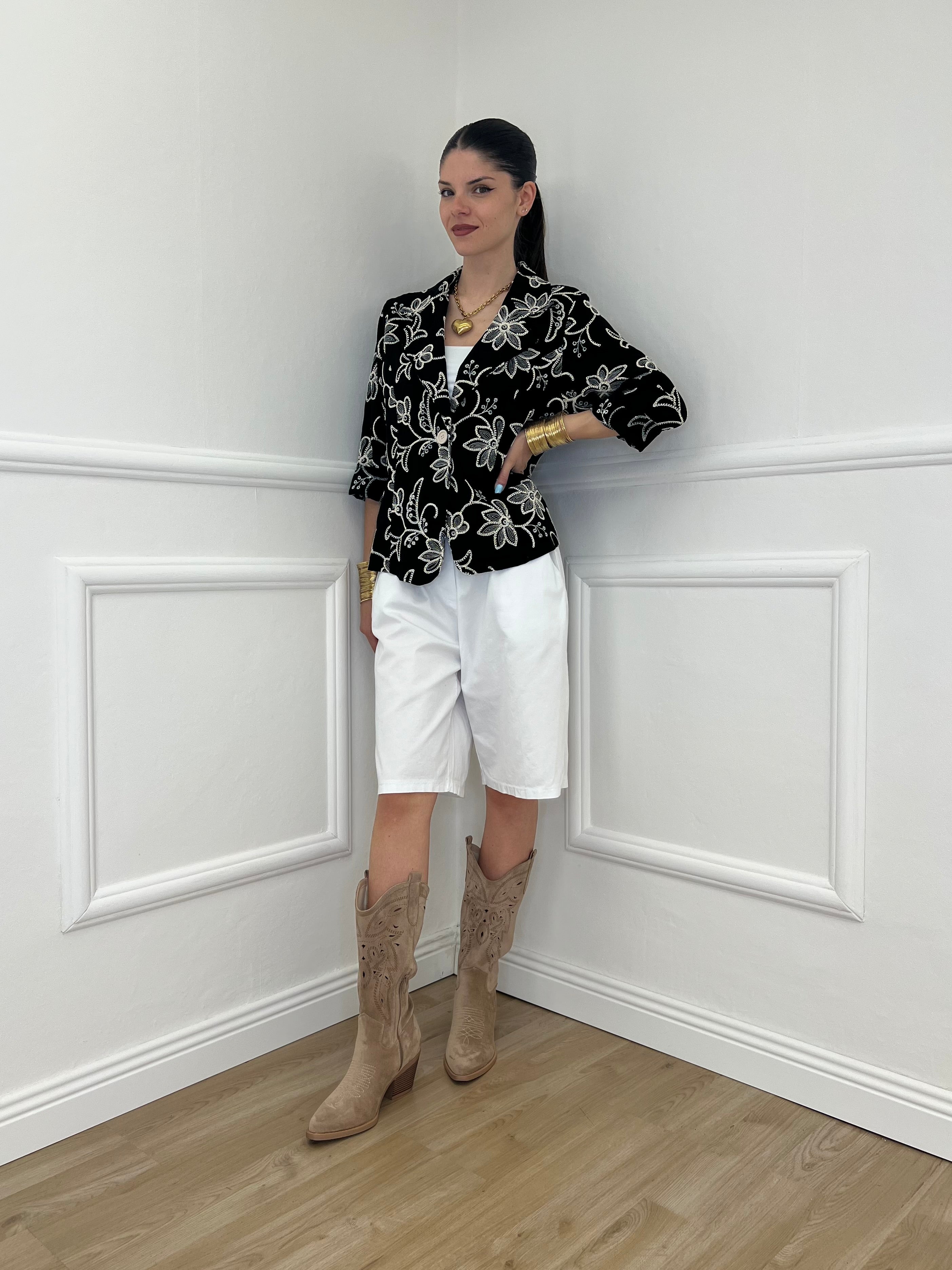 Blazer Ricamato in Lino e Viscosa 11353 Nero