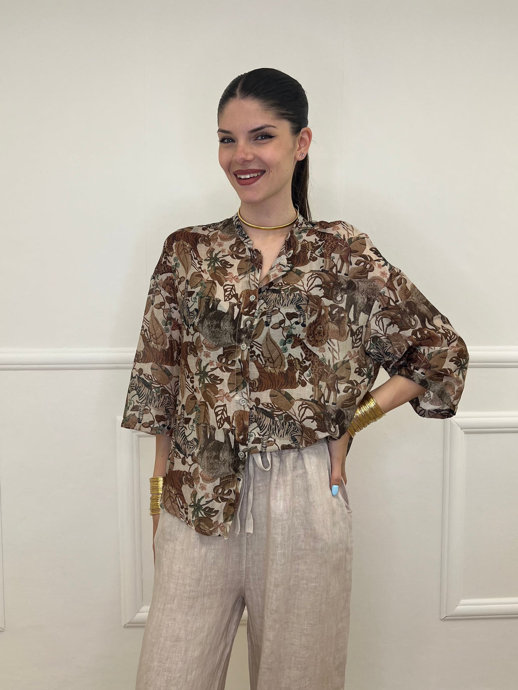 Camicia Jungle Cotone e Seta 93-242 Marrone