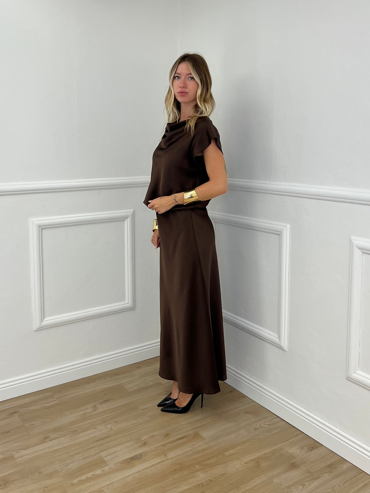 Blusa Satin Scollo Morbido 2548 Marrone
