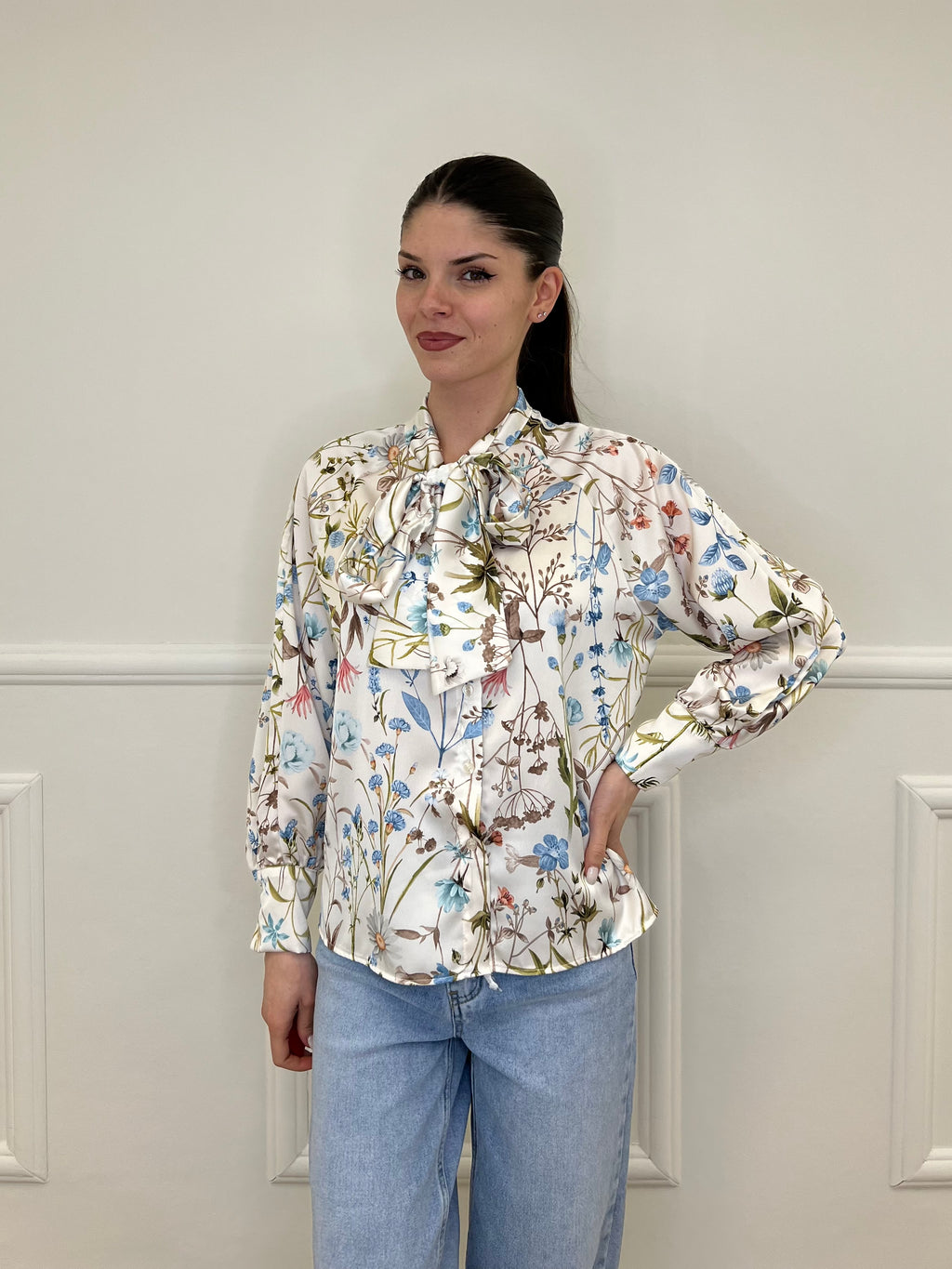 Camicia Floreale Con Fiocco 2598 Azzurro