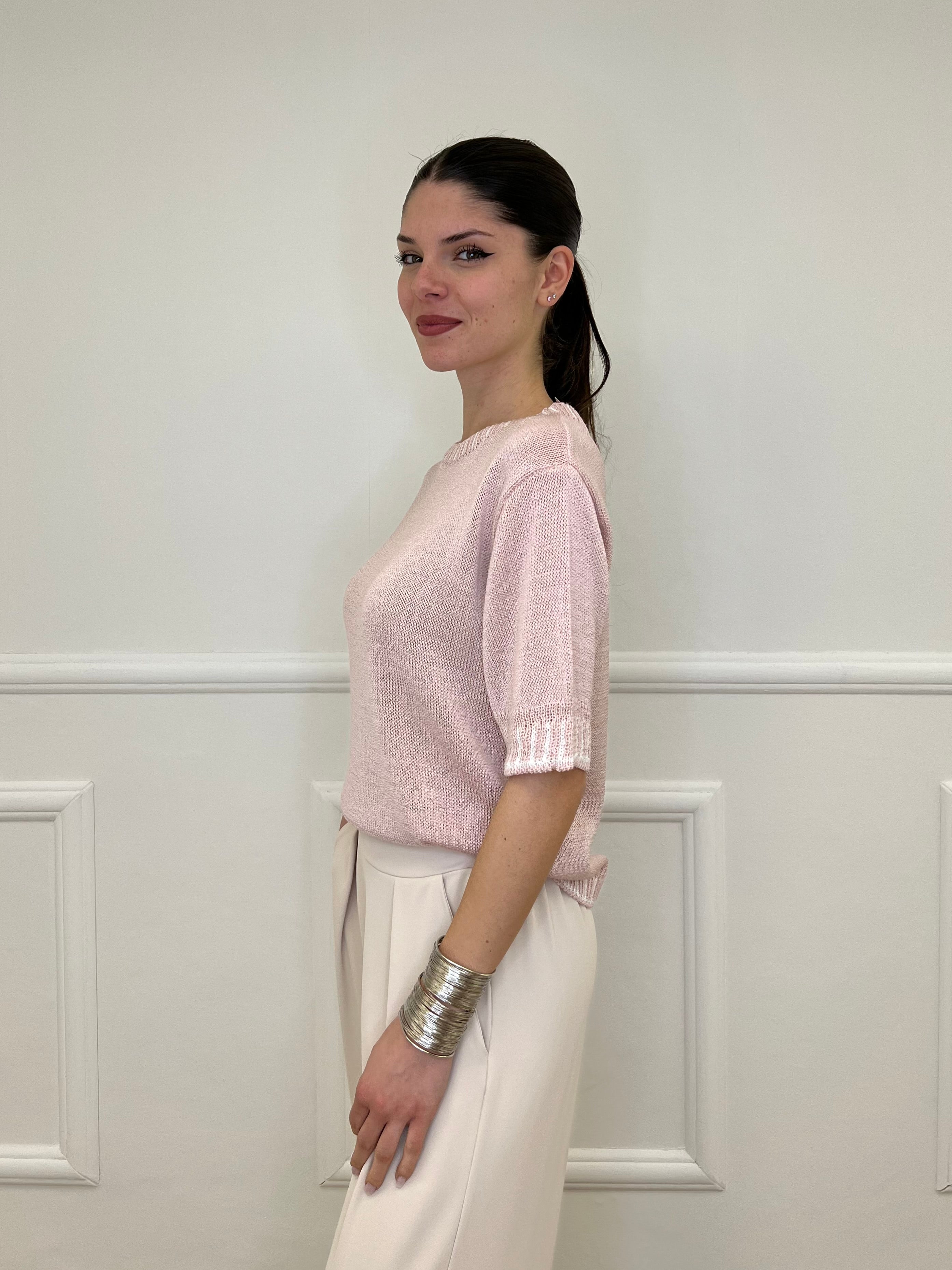 Maglia Profili a Contrasto 2780 Rosa e Bianco