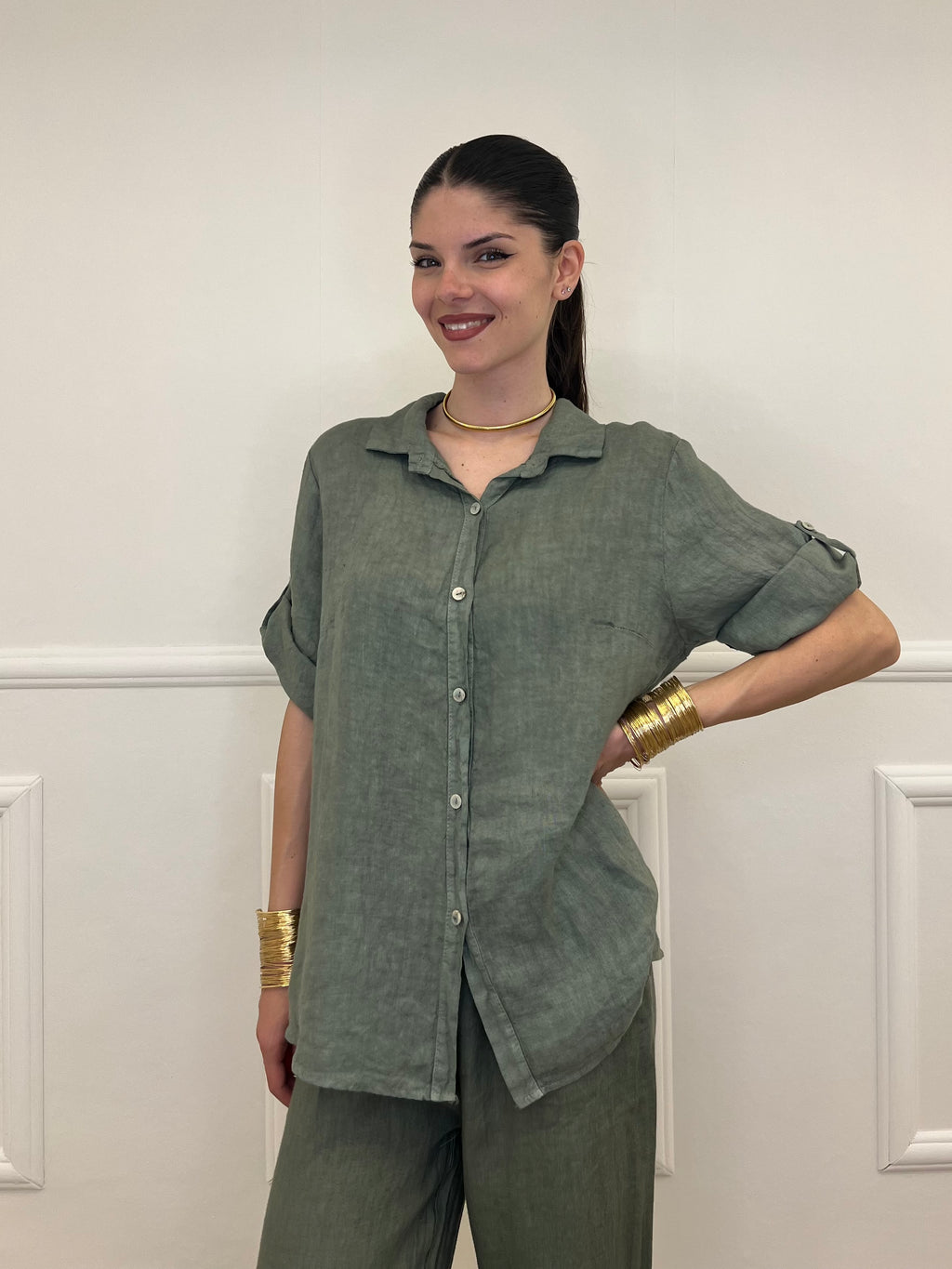 Camicia Maniche 3/4 in Lino 89517 Verde